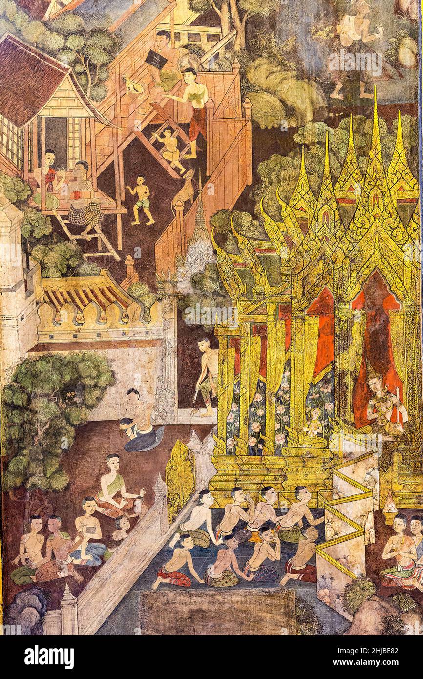 Panneau d'illustration peint sur bois dans le temple Wat Pho, le Bouddha couché, Bangkok, Thaïlande Banque D'Images