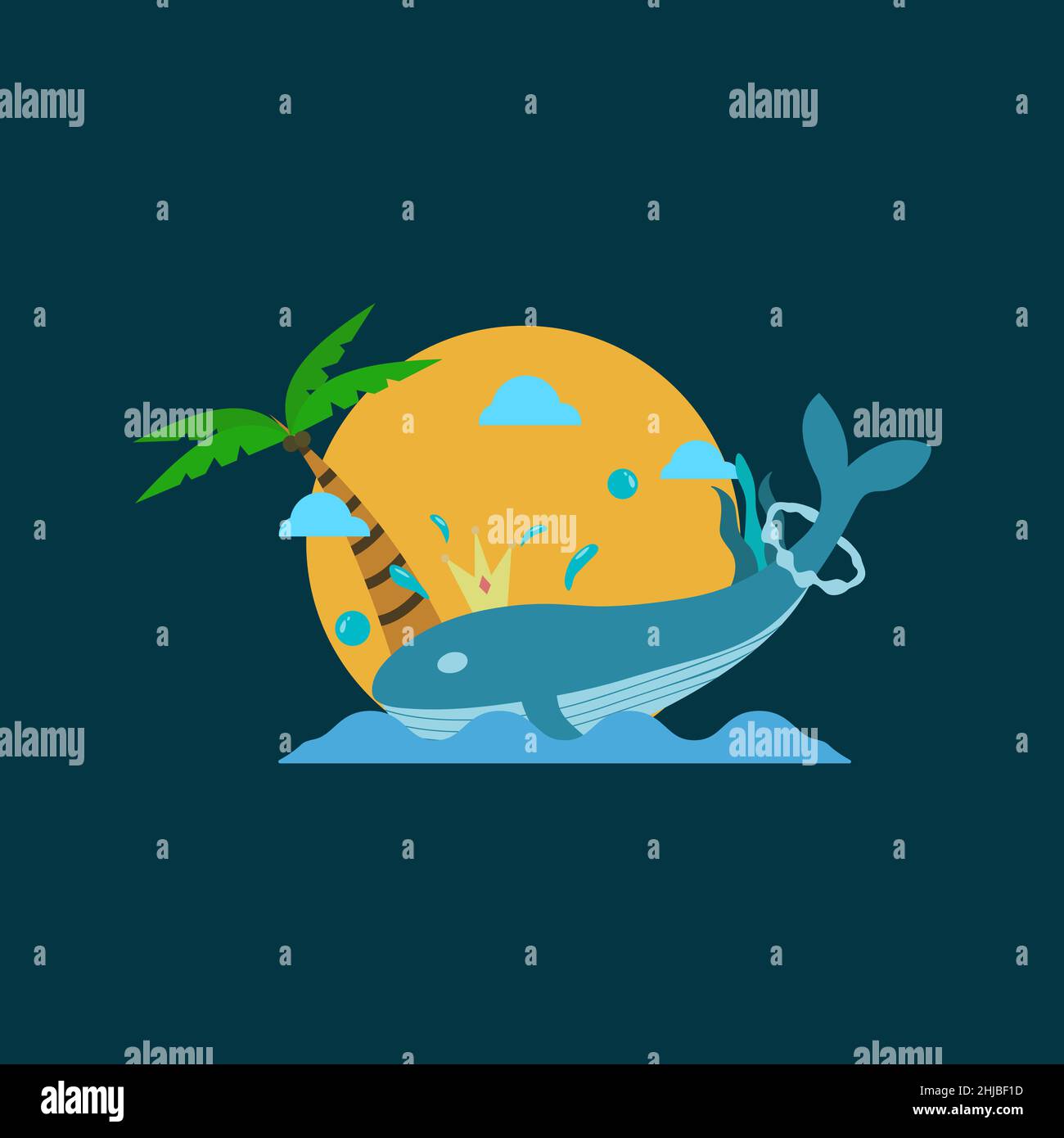 Illustration vectorielle de la baleine à bosse du roi en admirant le coucher de soleil dans l'après-midi Illustration de Vecteur