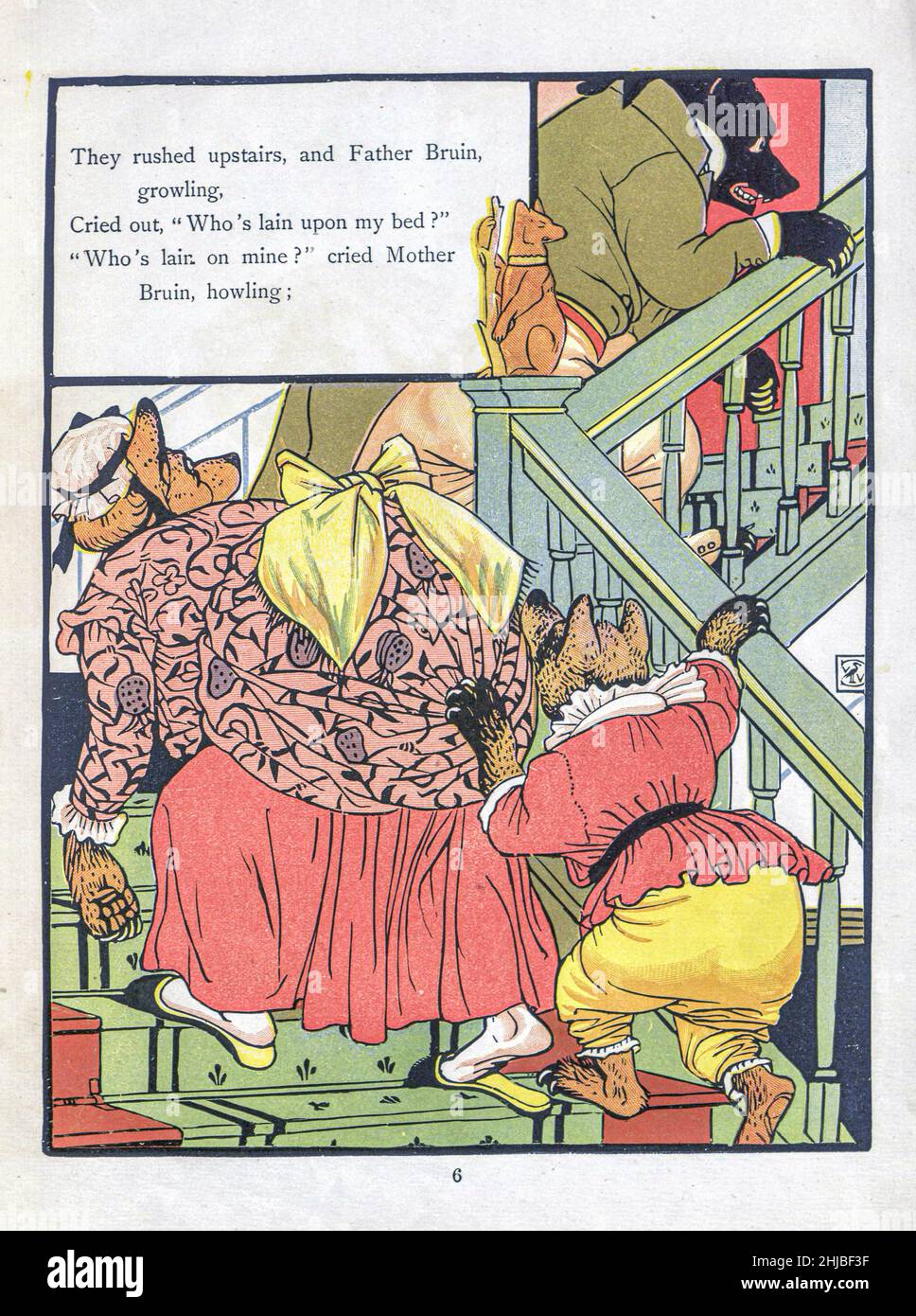 Les trois ours illustrés par Walter Crane 1873.Publié à Londres par George Routledge and Sons.'Goldilocks and the Three Bears' (à l'origine intitulé 'The Story of the Three Bears') est un conte de fées britannique de 19th siècles dont trois versions existent.La version originale de l'histoire raconte une vieille femme pas-si-polie qui entre dans la maison de forêt de trois Bachelor Bears pendant qu'ils sont loin.Elle s'assoit dans leurs chaises, mange une partie de leur soupe, s'assoit sur l'une de leurs chaises et la casse, et dort dans un de leurs lits.Quand les ours reviennent et la découvrent, elle se réveille, saute du vent Banque D'Images