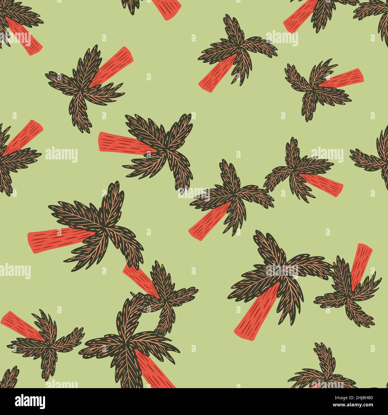 Motif aléatoire sans couture avec formes de palmier de couleur marron et rouge.Arrière-plan vert clair.Conception simple.Motif graphique pour papier d'emballage et papier de construction Illustration de Vecteur