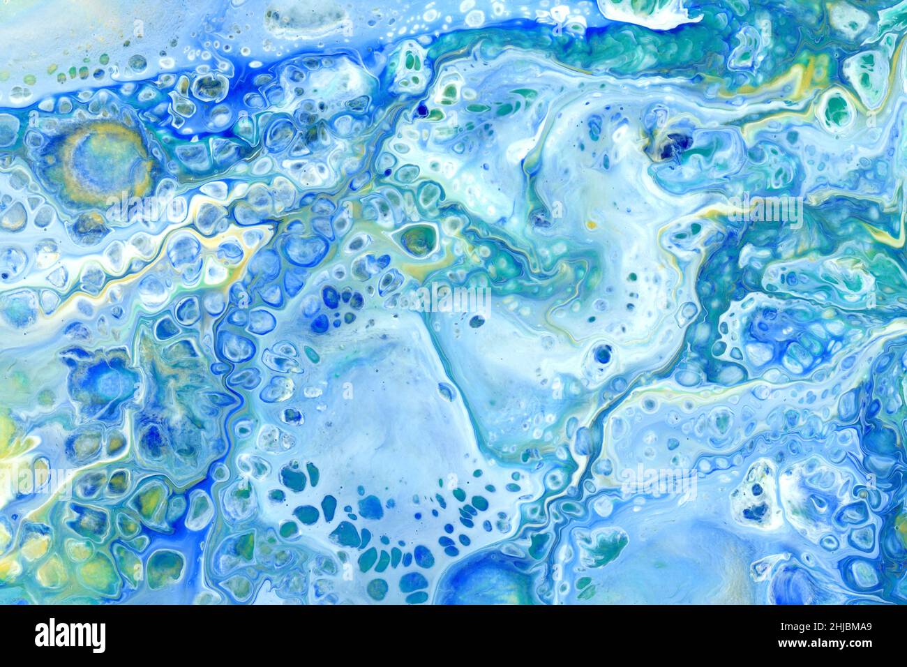 peinture liquide acrylique bleu, bulles d'encre naturelle sur toile, illustration d'onde, résumé, texture ou arrière-plan Banque D'Images