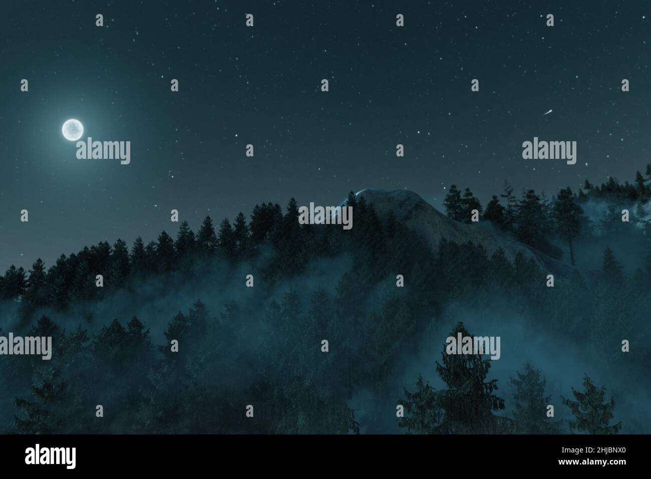 3d rendu de la montagne brumeuse entourée de pins dans la nuit étoilée illuminée de lune Banque D'Images