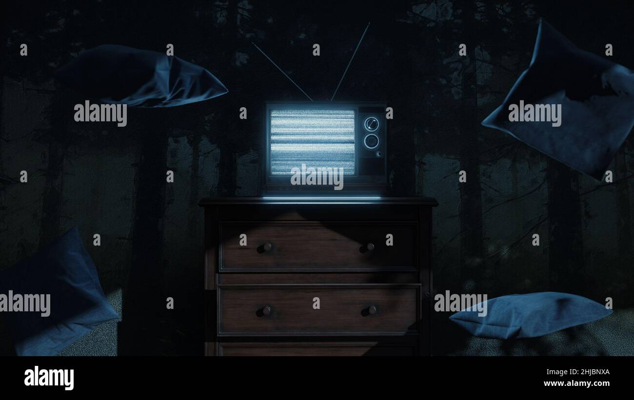 rendu 3d d'une pièce hantée avec une vieille télévision et un écran lumineux. Entouré d'oreillers volants Banque D'Images