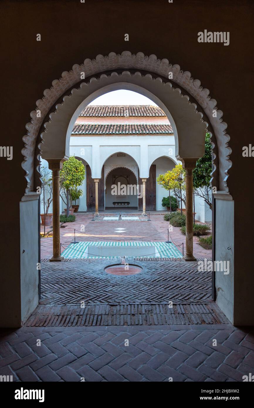Une photo verticale du patio avec des fontaines d'eau à l'intérieur de l'Alcazaba à Malaga, Espagne. Banque D'Images