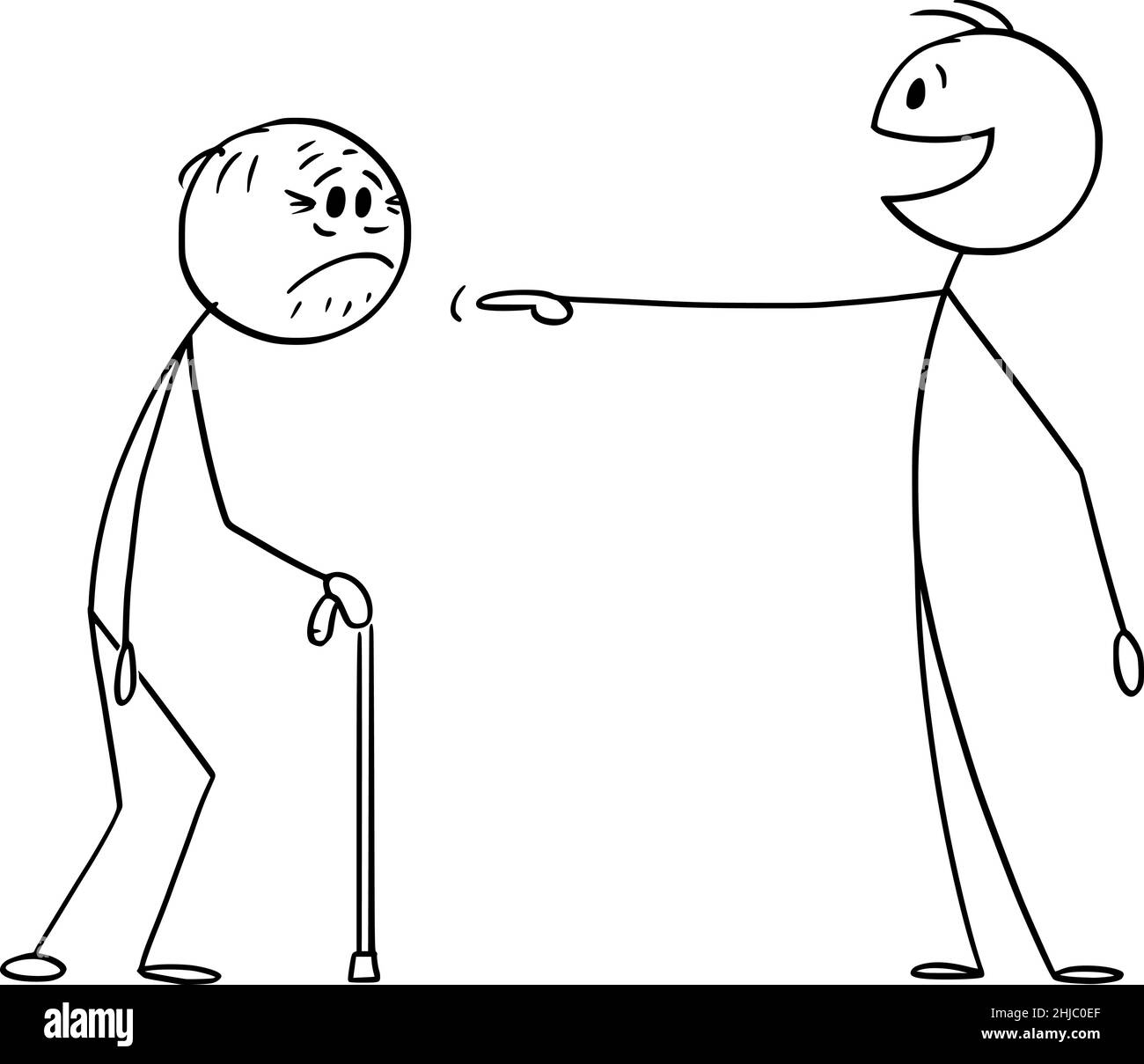 Jeune mocking ou ridiculiser la vieille personne, riant et pointant vers l'ancien, Vector Cartoon Stick Figure Illustration Illustration de Vecteur