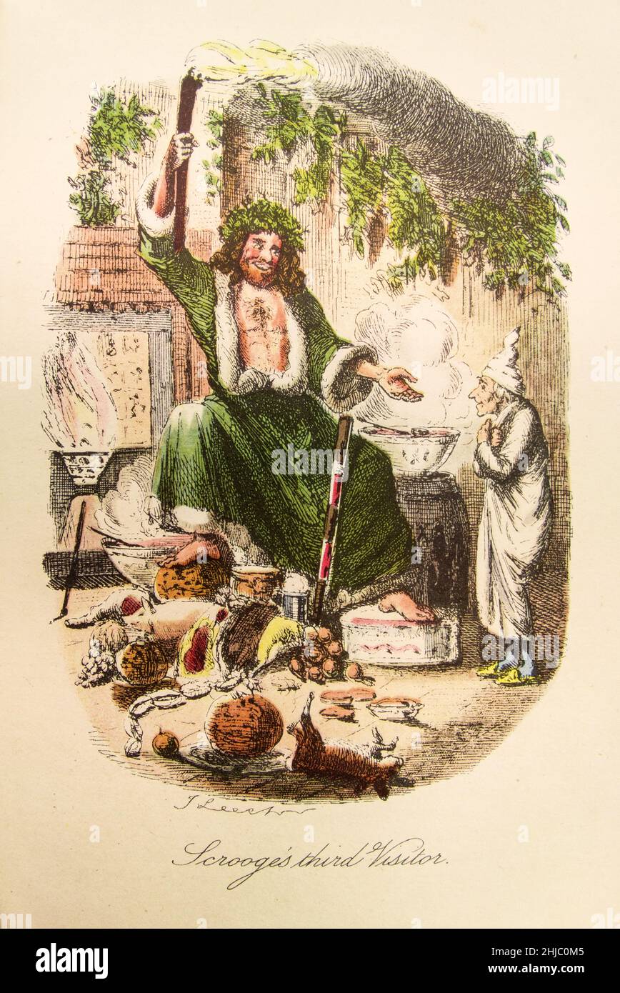 Troisième visiteur de Scrooge, Une illustration de Noël de Carol, gravure de couleur de 19th siècles par John Leech Banque D'Images
