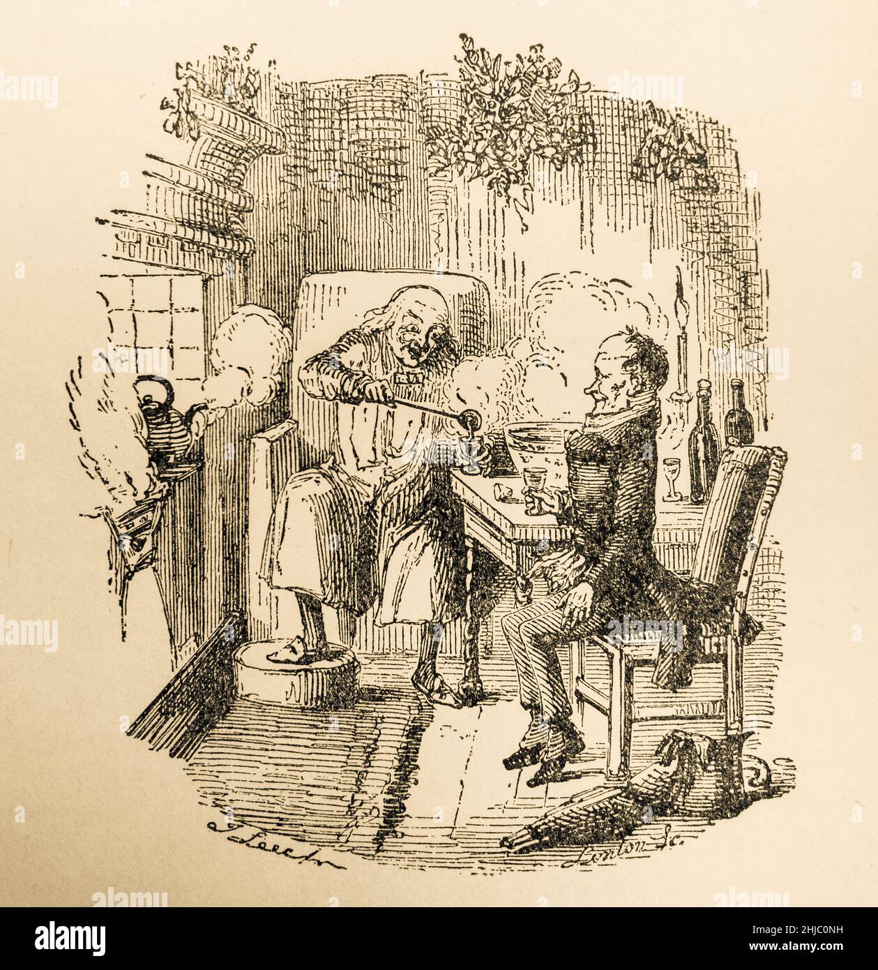 Scrooge et son neveu, Une illustration de Noël de la Carol, gravure de couleur du 19th siècle par John Leech Banque D'Images