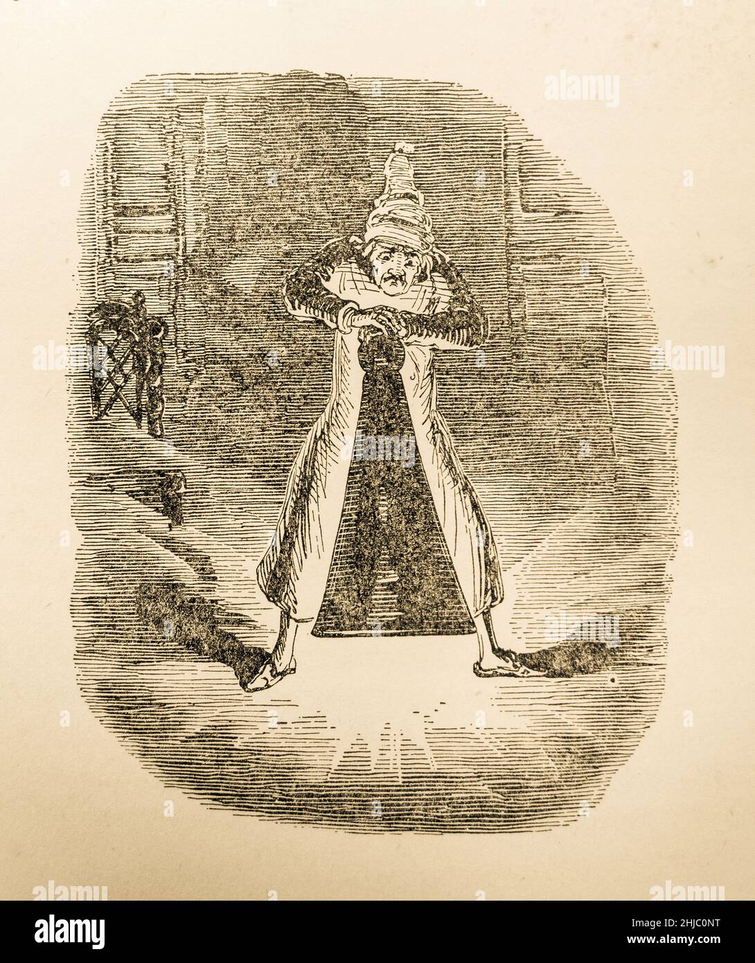 Le scrooge s'est débarrassé du premier esprit, Une illustration de Noël de Carol, 19th siècle gravure colorée par John Leech Banque D'Images