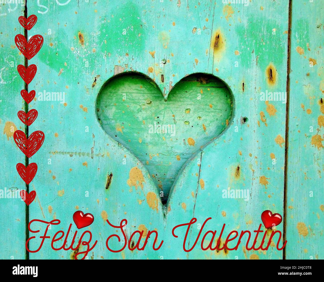 Feliz San Valentin Résumé rustique doux vert couleur avec coeur au centre et coeur rouge scintillant lumière sentiment d'amour et valentines jour concept ba Banque D'Images