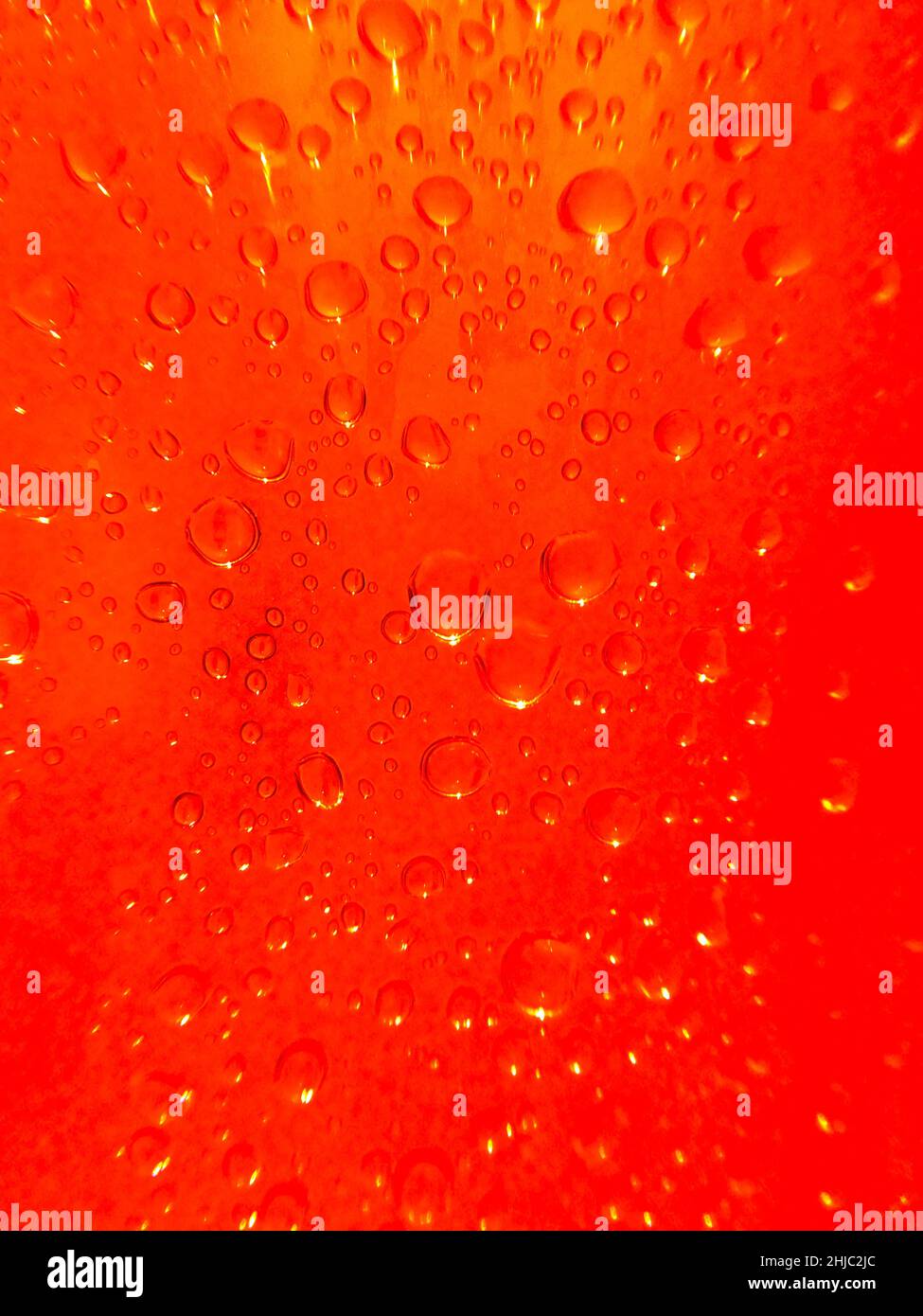gros plan semi-abstrait de gouttelettes d'eau sur fond orange profond Banque D'Images