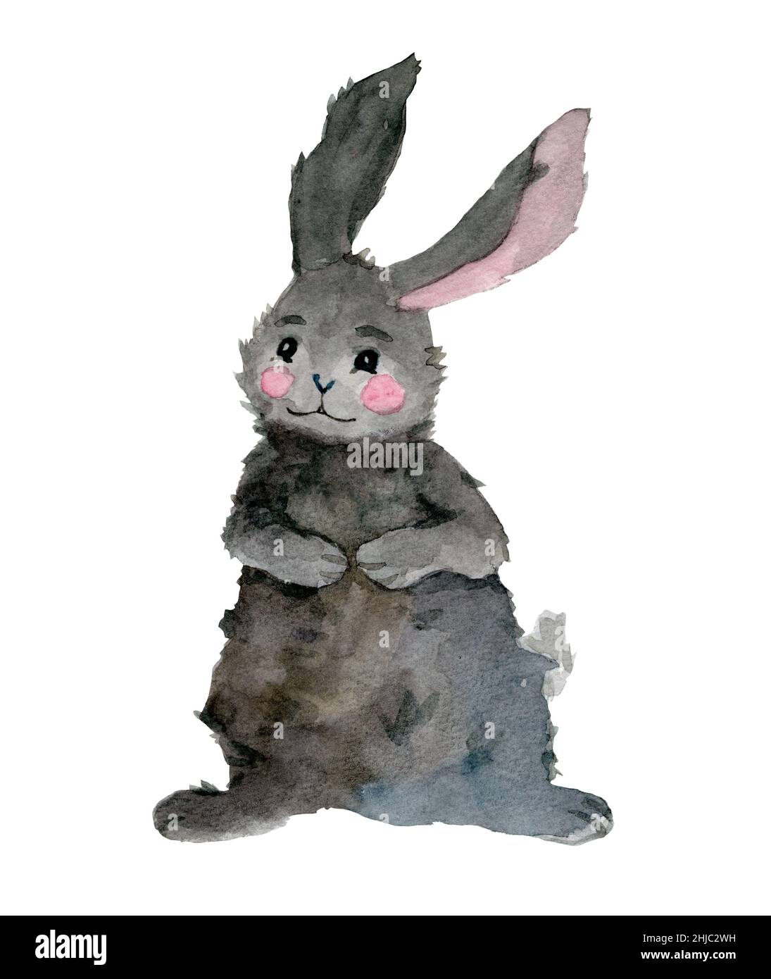 Lapin en fourrure à l'aquarelle dessiné à la main. Lapin gris assis seul et souriant. Illustration de carte postale pour enfants en style dessin animé. Design pour la douche de bébé Banque D'Images