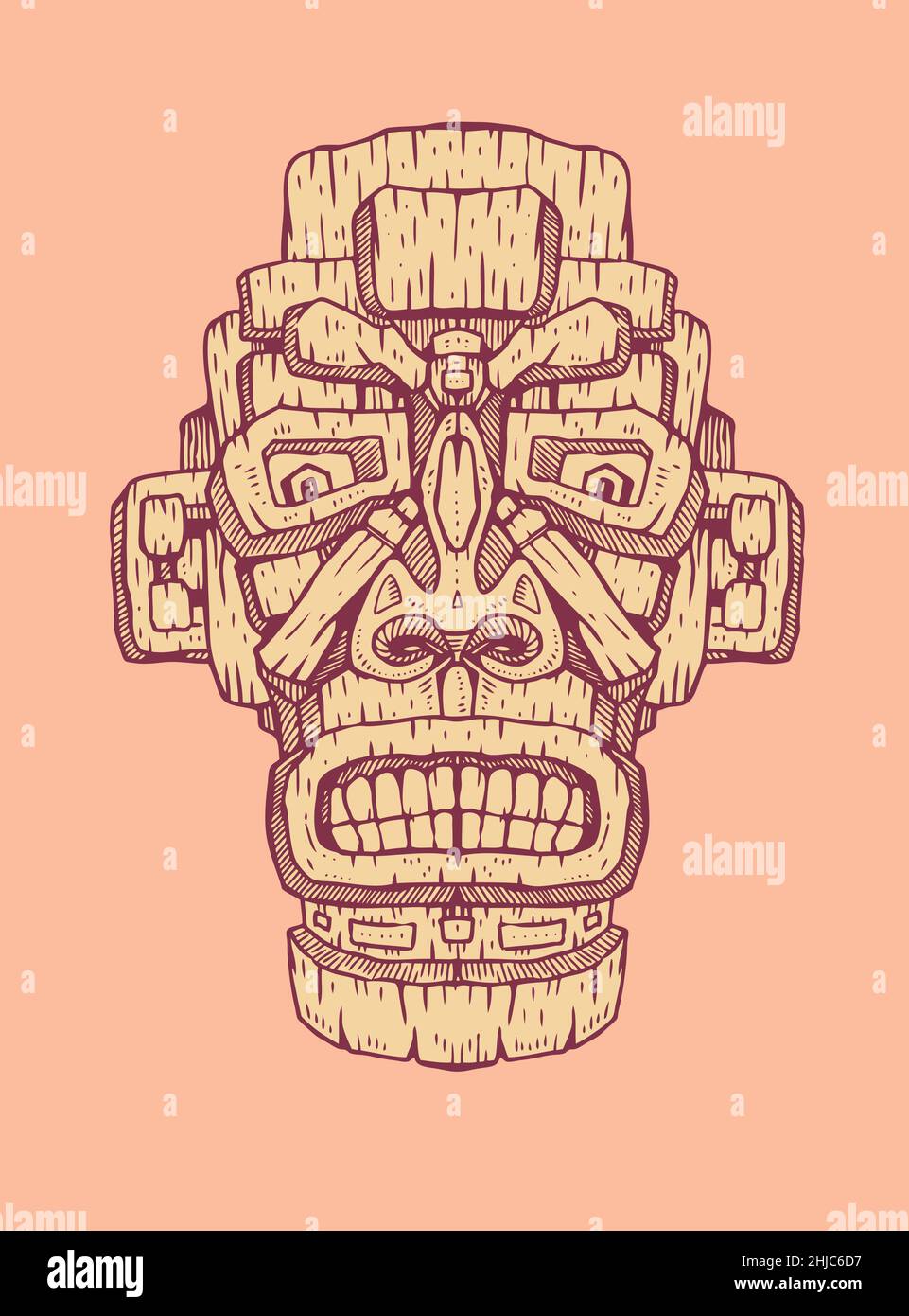 Masque de statue tiki hawaïen. Élément de dessin dessiné à la main. Illustration vectorielle Illustration de Vecteur