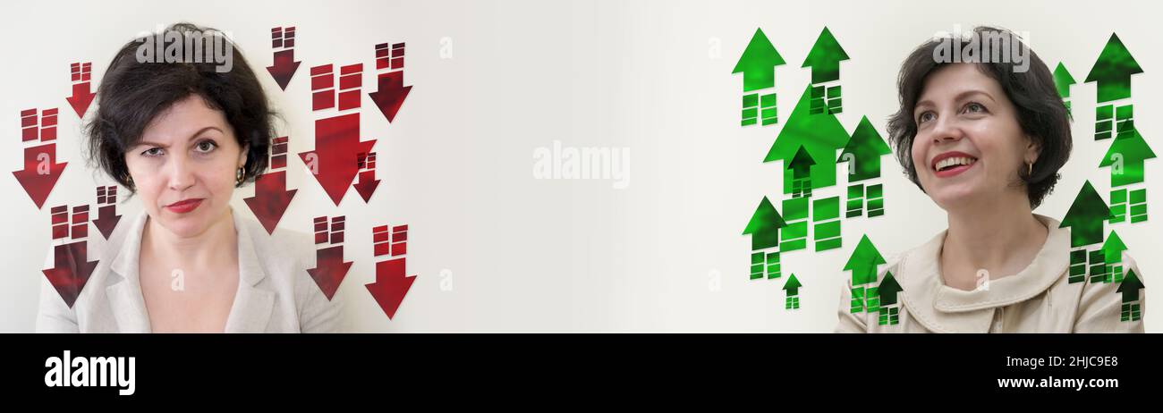 Concept de présentation d'entreprise : femme d'affaires avec différentes expressions du visage, confiante avec les flèches vers le haut et frustrée avec les flèches vers le bas.Copier l'espace Banque D'Images