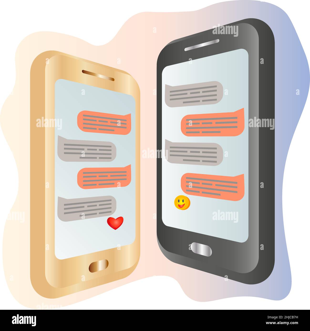 Application Messenger mobile avec dialogue de chat avec emoji sur l'écran de deux téléphones mobiles Illustration de Vecteur