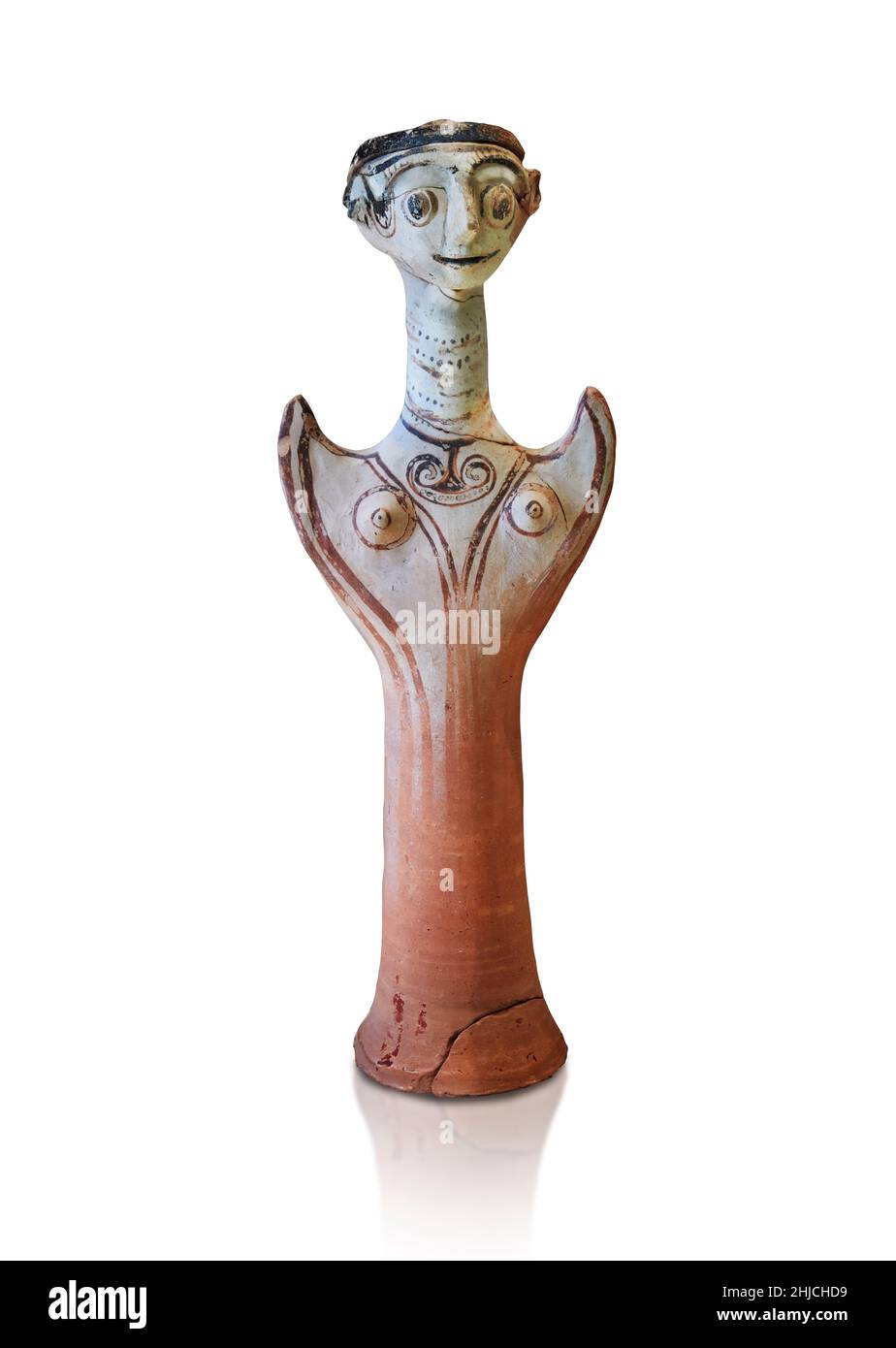 Statuette de figurine de poterie mycénienne d'une déesse faite sur une roue de poterie, Tiryns Basse Citadelle, 12th cent BC.Sur fond blanc.Photographe Banque D'Images