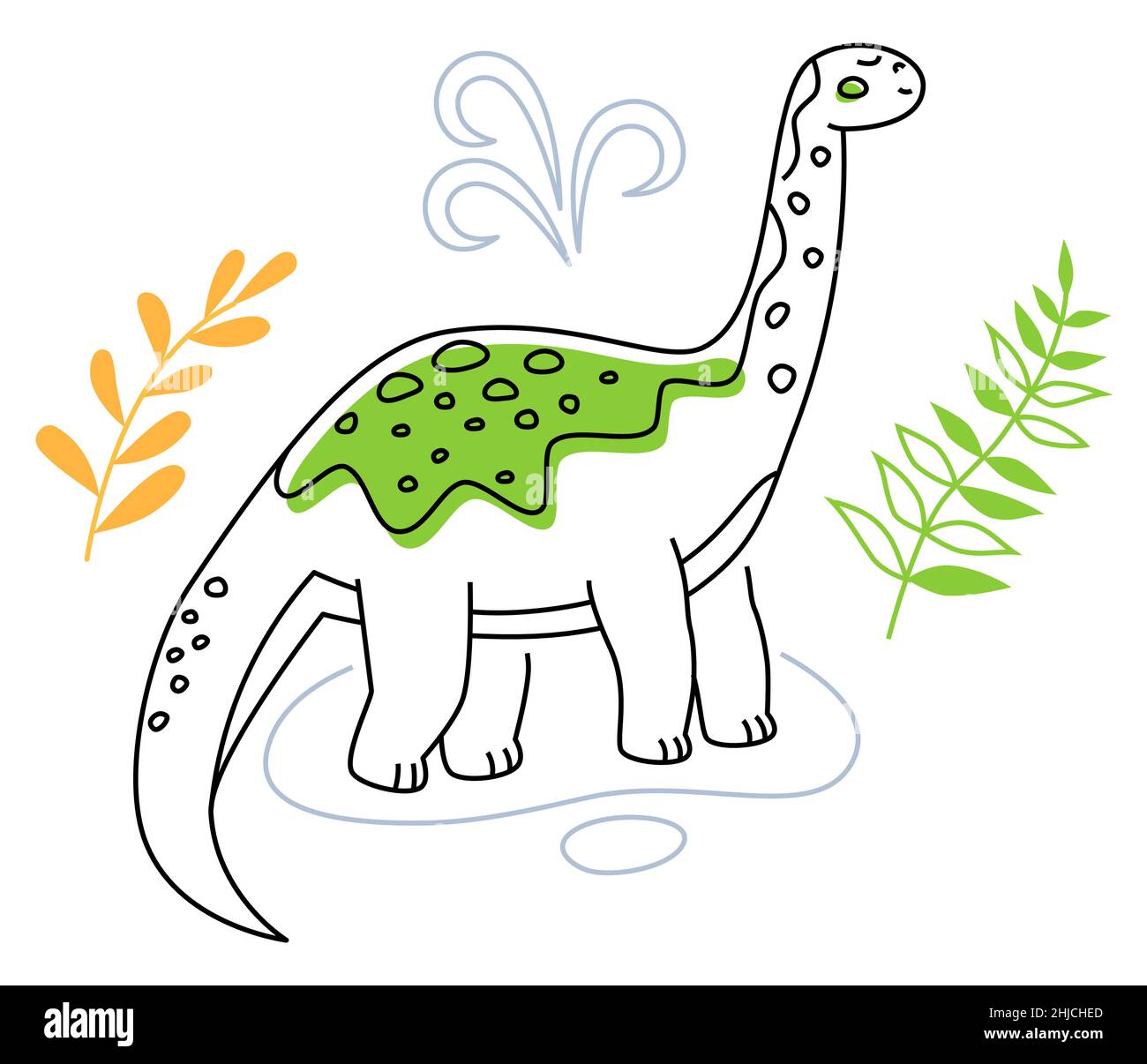 Brachiosaurus dino - illustration de style de conception de ligne avec contour modifiable.Image drôle de dinosaures avec un long cou.Jurassic World, jungle.Explorer un Illustration de Vecteur