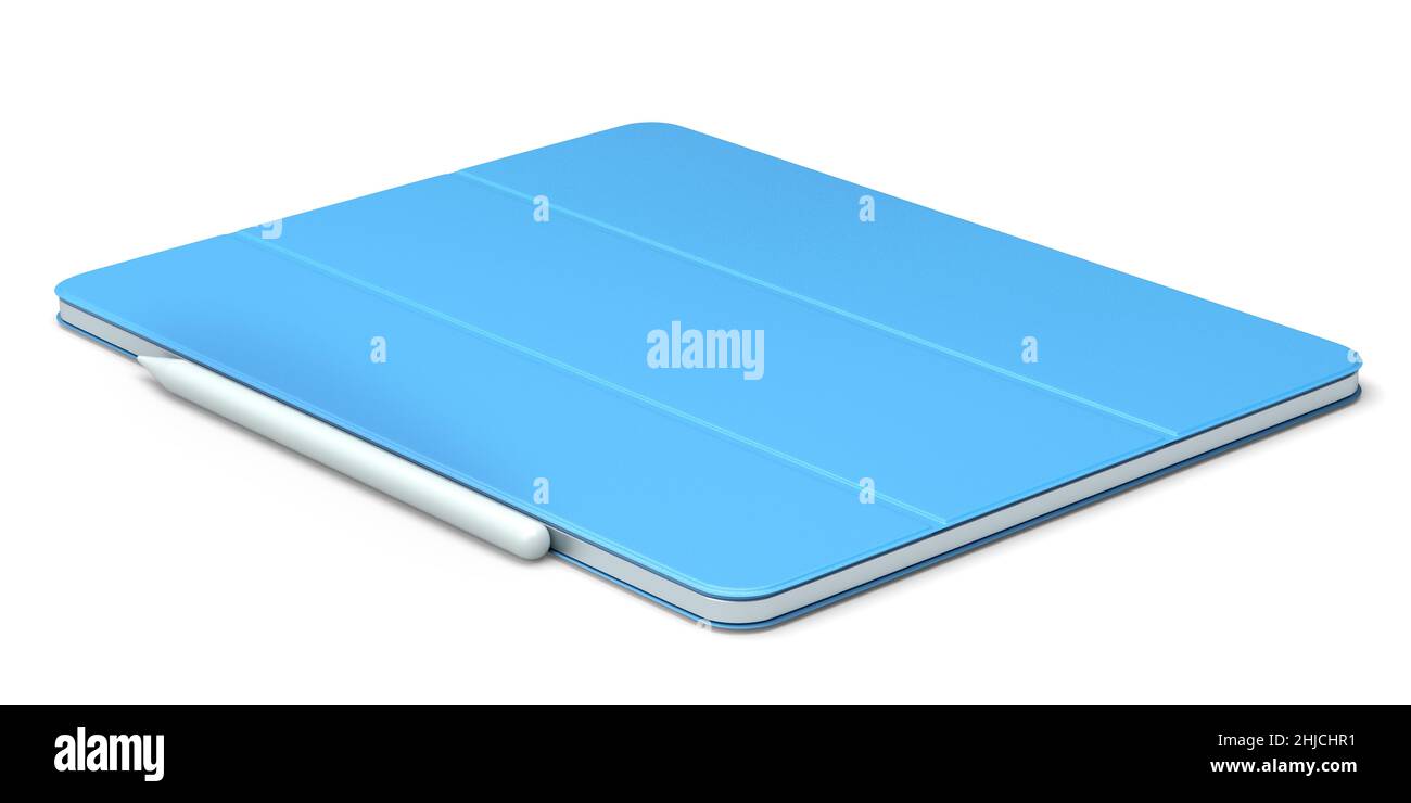 Tablette d'ordinateur avec housse bleue et crayon isolés sur fond blanc. Le concept de rendu 3D de l'équipement de créateur et de workspac compact Banque D'Images Tablette d'ordinateur avec housse bleue et crayon isolés sur fond blanc. Le concept de rendu 3D de l'équipement de créateur et de workspac compact Banque D'Images
