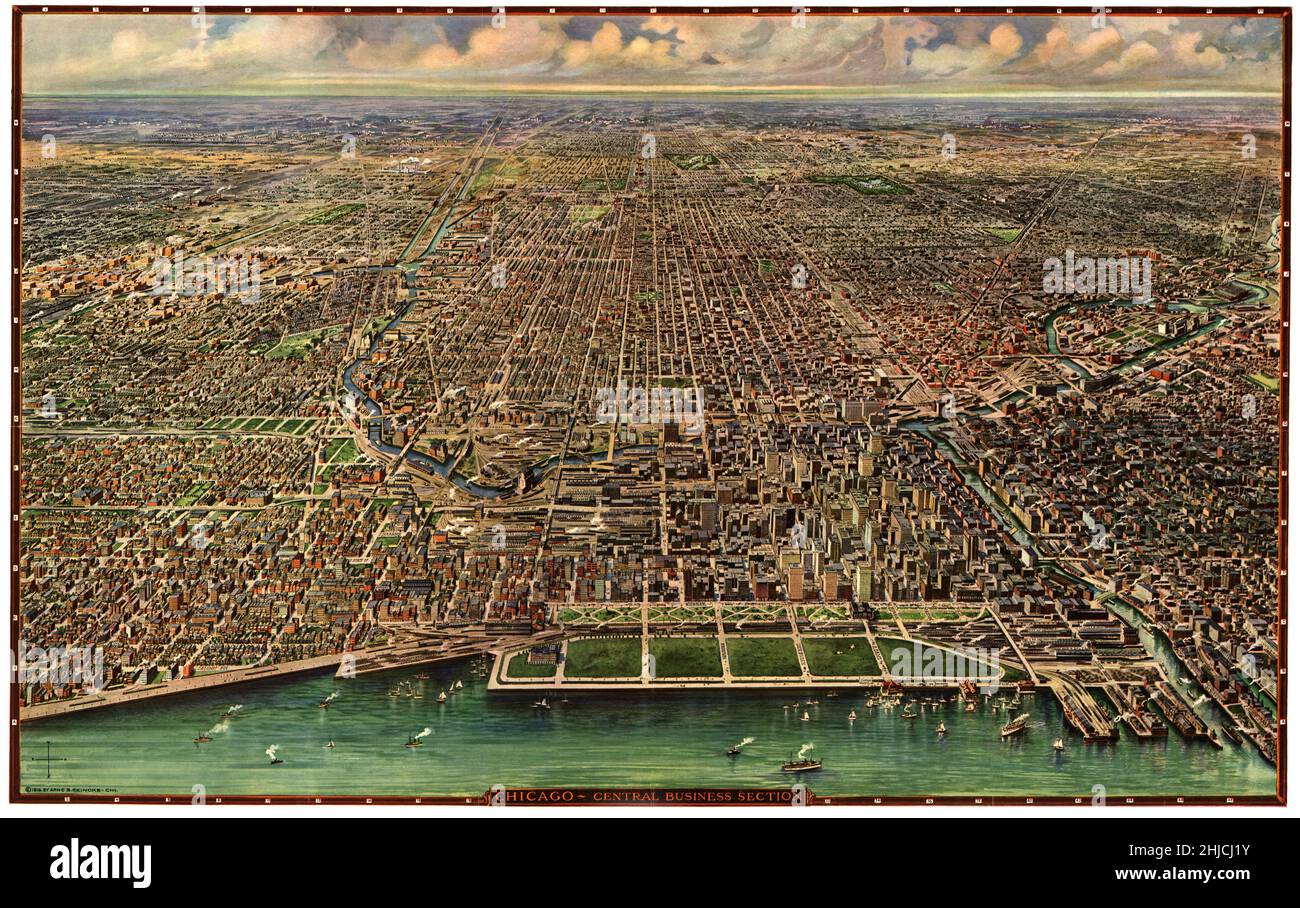 Une carte de Chicago montrant la section centrale des affaires, 1916. Arno B. Reincke. Banque D'Images