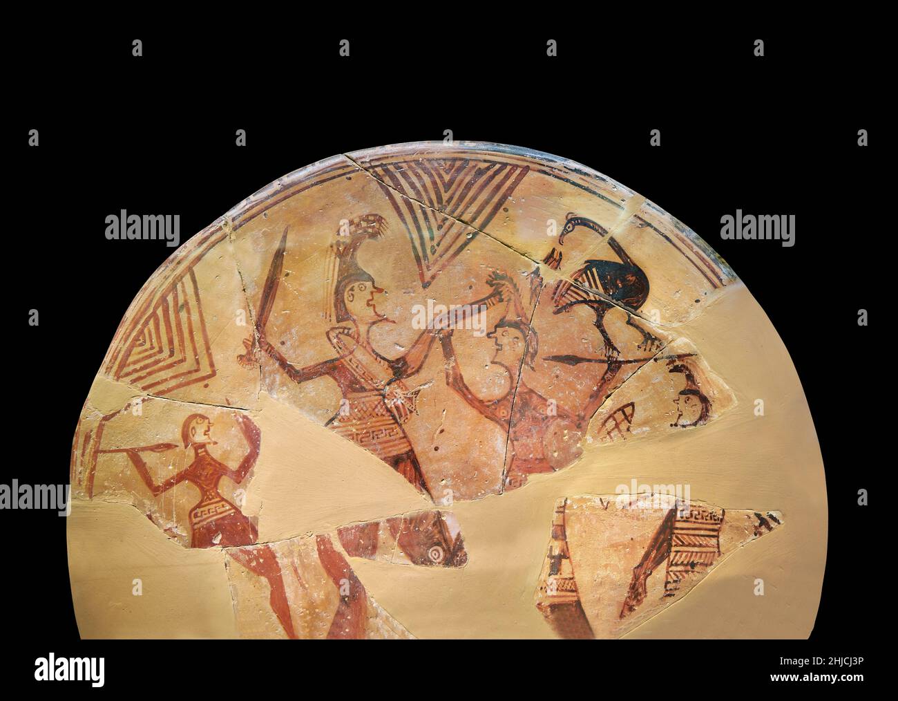 Ancien bouclier votif grec en terre cuite peint avec des guerriers combattant avec des épées, Tiryns Upper Citadel 'Bothross', début 7th cent BC.Les arches de nafplion Banque D'Images