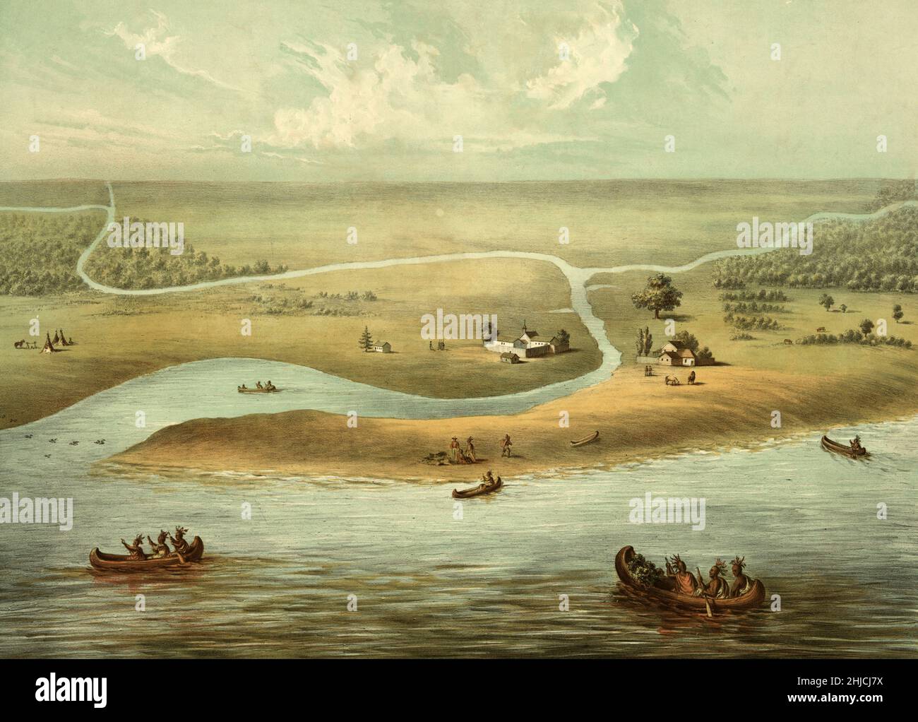 Imprimé montrant les Amérindiens en 1820 engagés dans le commerce des fourrures près de la colonie de Chicago, avec fort Dearborn et la rivière Chicago en arrière-plan.Illustration de 1867. Banque D'Images