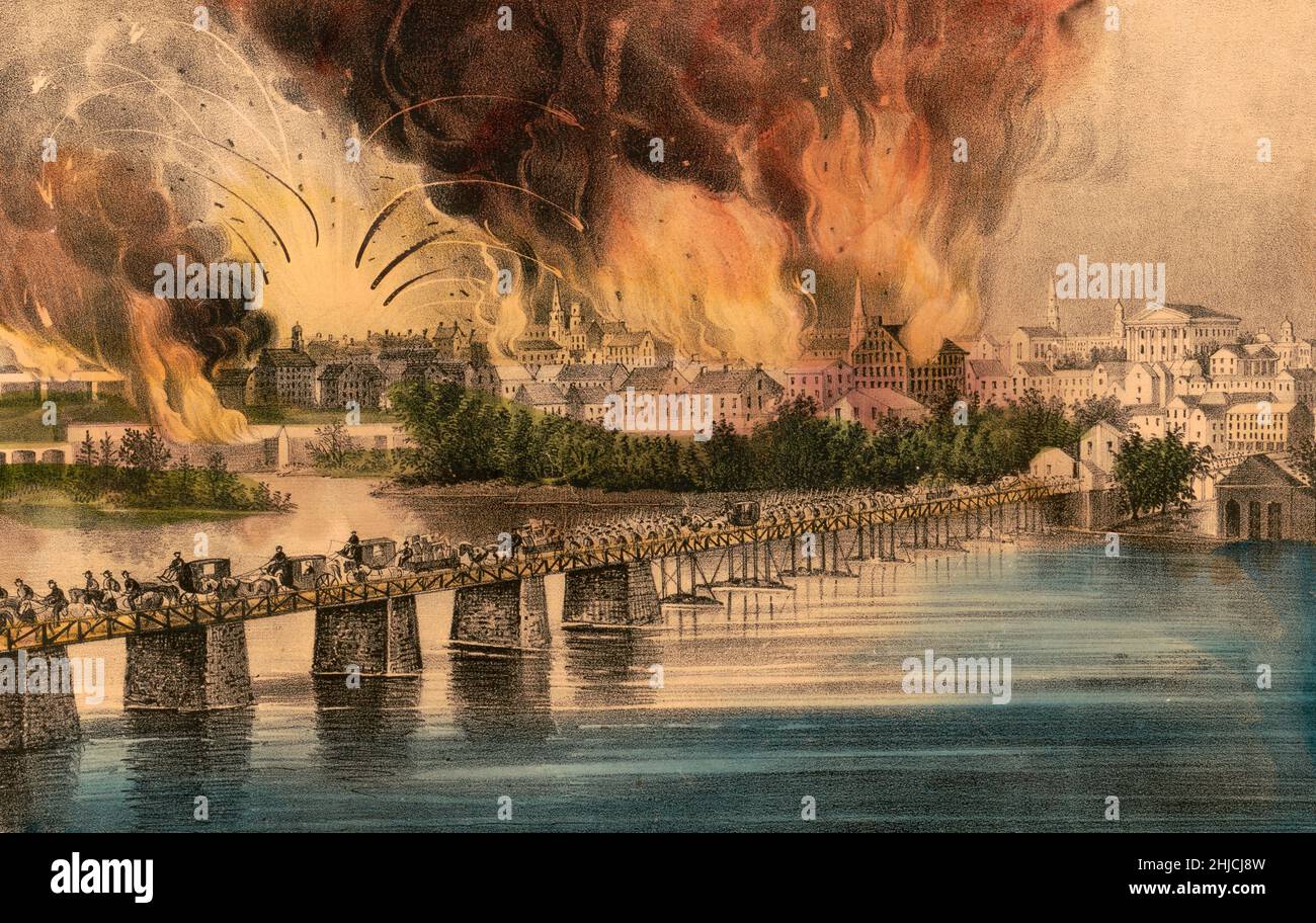 La chute de Richmond, en Virginie, dans la nuit du 2nd avril 1865 pendant la guerre de Sécession.Lithographie de couleur main, Currier & Ives, vers 1865. Banque D'Images