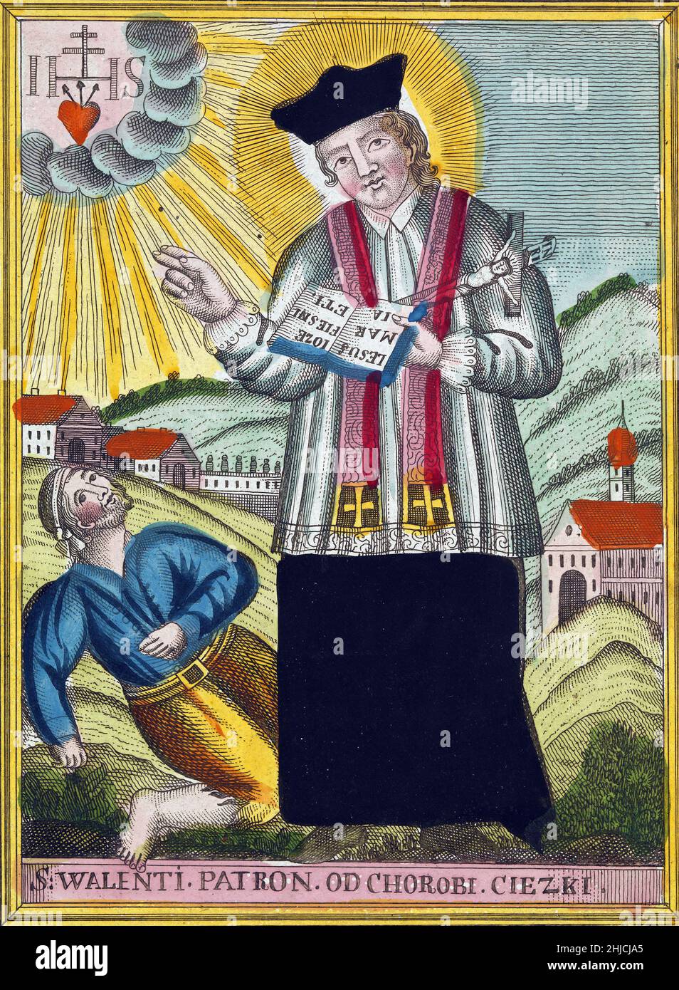 Gravure de Saint Valentin bénédiction épileptique, c.19th siècle.Saint Valentine est un saint romain du troisième siècle largement reconnu commémoré le 14 février et associé depuis le Haut Moyen Age à une tradition d'amour courtois.Il est le Saint patron des couples apposancés, apiculteurs, heureux mariages, amour, peste,épilepsie et évanouissement. Banque D'Images