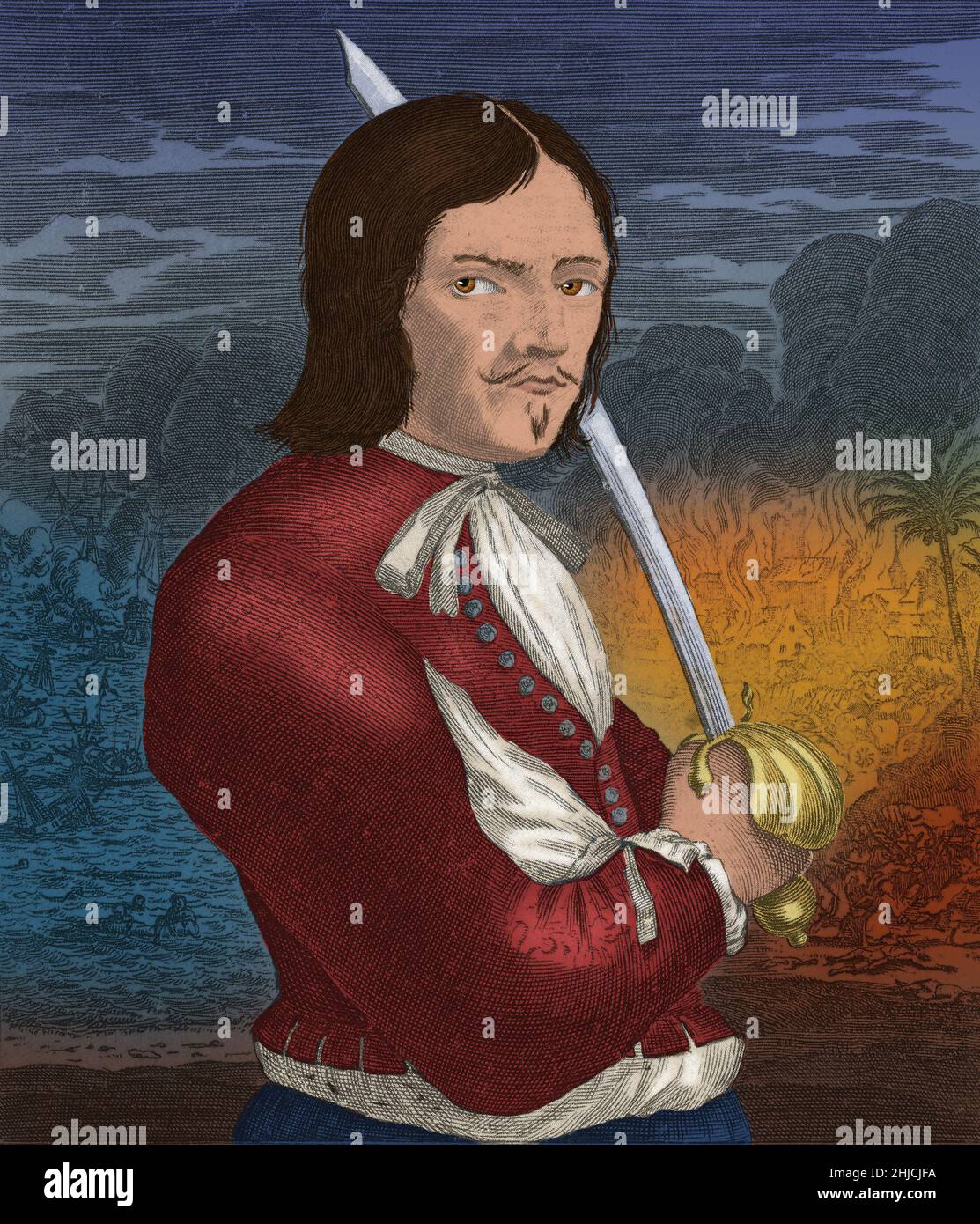François l'Ollonais (1635 - 1668) était un pirate français.Il était un tortionnaire expert, et ses techniques comprenaient le découpage de parties de chair de la victime avec une épée, les brûlant en vie, et la lainages, ce qui impliquait de lier une corde nouée autour de la tête de la victime jusqu'à ce que leurs yeux soient chassés.Lui et ses hommes ont violé, pillé et brûlé une grande partie de Maracaibo avant de se déplacer vers le sud à Gibraltar.Malgré leur surnombre, les pirates ont massacré 500 soldats de la garnison de Gibraltar et tenu la ville pour rançon.Il s'est échoué sur un banc de sable sur la côte de Darien.Ils se sont dirigés vers l'intérieur des terres pour trouver de la nourriture, mais ils étaient ca Banque D'Images