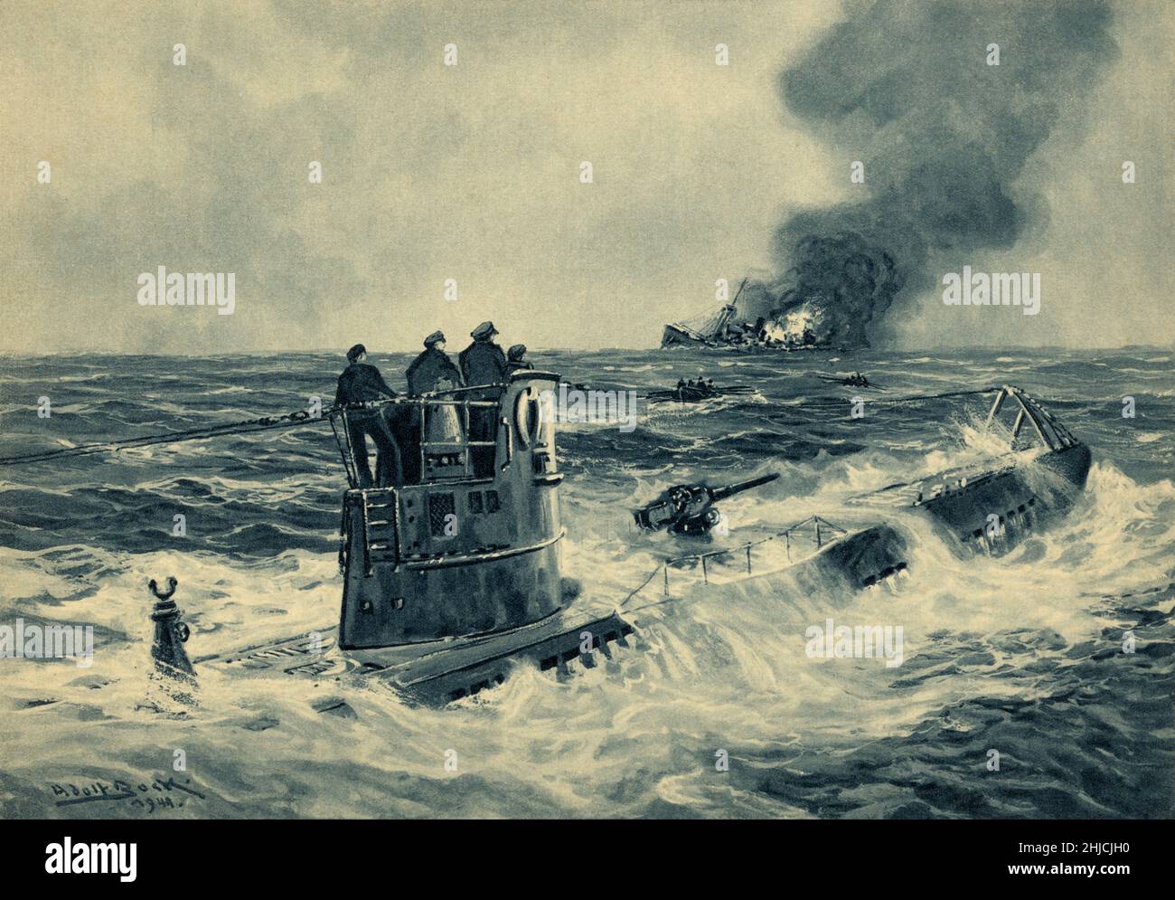 Attaque de U-boat allemand, Seconde Guerre mondialePeinture par l'artiste allemand Adolf Bock (1890-1968) de marins allemands sur la tour de conning d'un U-boat (sous-marin) qui a fait surface après le naufrage d'un cargo britannique pendant la Seconde Guerre mondiale (1939-1945).Les bateaux de sauvetage des survivants en arrière-plan. Banque D'Images