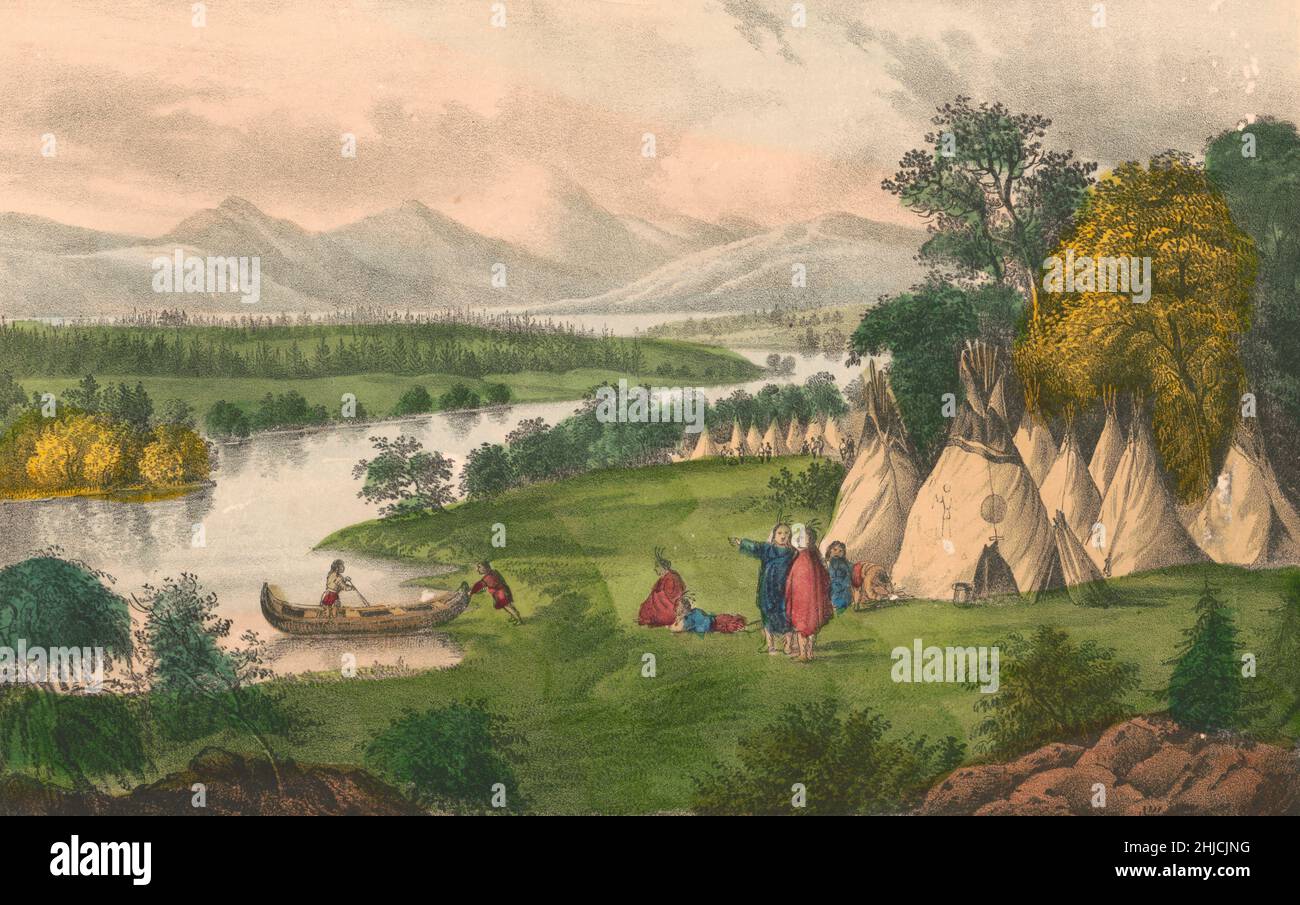 Village indien, Haut Mississippi.Lithographie de couleur main, Currier & Ives, publiée entre 1856 et 1907. Banque D'Images