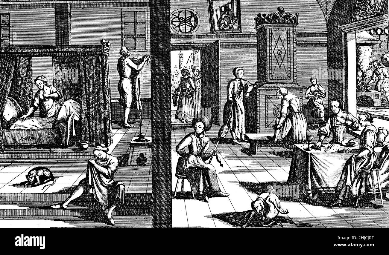 'Puces!Puces !Puces!'.Infestation de puces.illustration du 17th siècle représentant un groupe de femmes souffrant d'une infestation de puces (petits points noirs).Les puces sont une nuisance pour leurs hôtes, provoquant une sensation de démangeaison qui, à son tour, peut entraîner l'hôte essayant d'éliminer le ravageur en piquant, en pectorant, en rayant, etc. À proximité du parasite.Les puces ne sont pas simplement une source d'ennui, cependant.Les piqûres de puces causent généralement la formation d'une tache légèrement surélevée et gonflée de démangeaisons avec un point de ponction unique au centre (semblable à une piqûre de moustique).Les œuvres d'art datent de 1650 environ. Banque D'Images