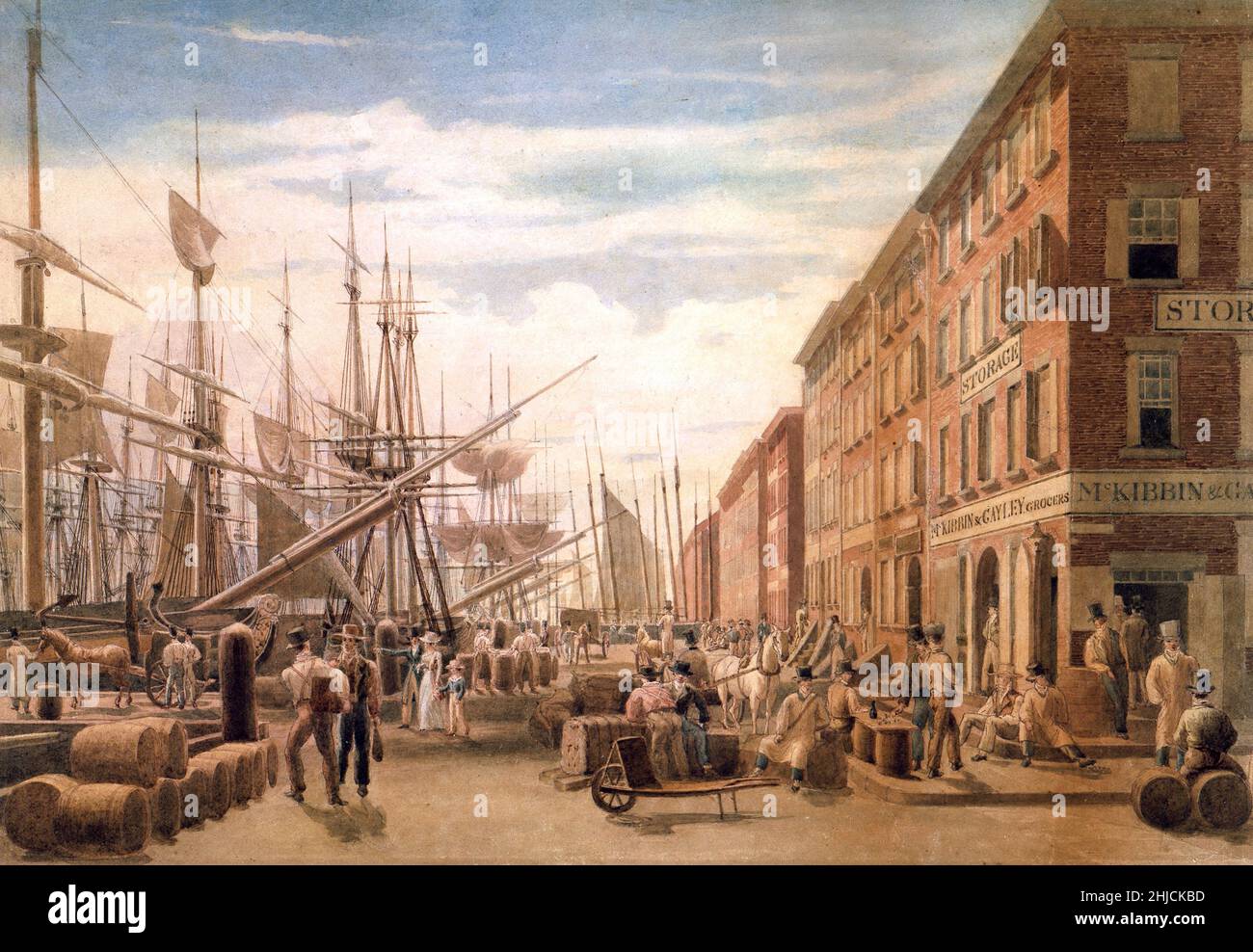 Vue sur South Street, depuis Maiden Lane, New York City, vers 1827.Aquarelle de William James Bennett (1787‚Äì1844). Banque D'Images