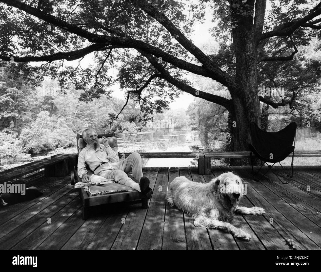 Le photographe Edward Steichen (1879-1973), se prélassant sur une terrasse dans sa maison du Connecticut avec son chien de chasse irlandais à ses côtés.1960s. Banque D'Images