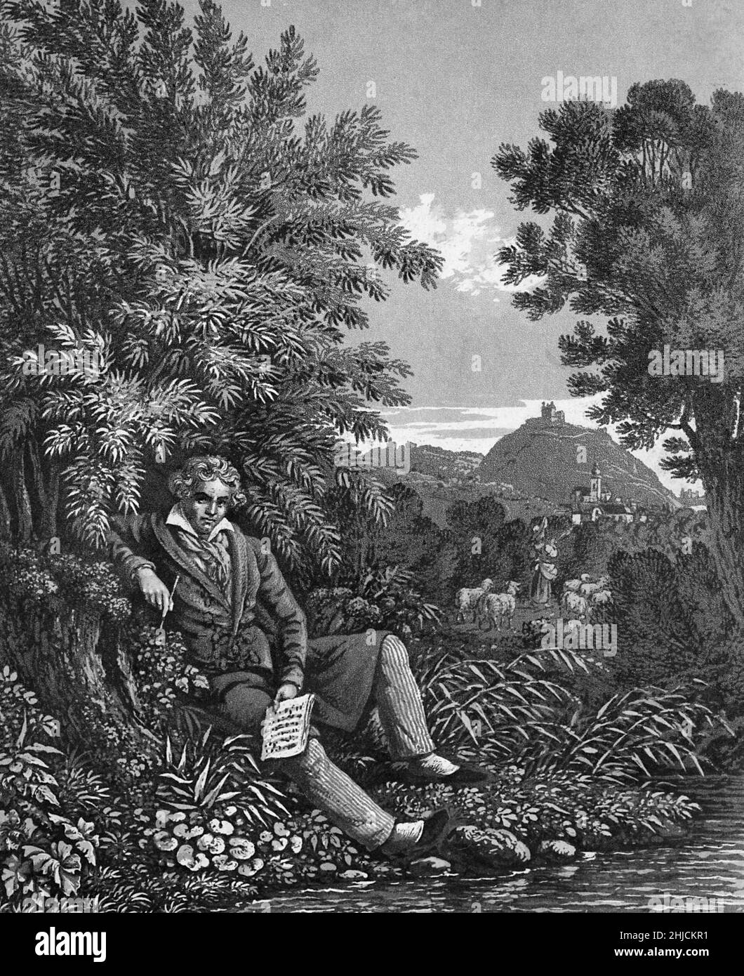 Ludwig van Beethoven (1770-1827) est un compositeur et pianiste virtuose allemand.Il demeure l'un des compositeurs les plus célèbres et les plus influents.Vers 1800, son audition a commencé à se détériorer et, au cours de la dernière décennie de sa vie, il était presque totalement sourd.Il a abandonné la conduite et l'exécution en public mais a continué à composer; beaucoup de ses œuvres les plus admirées viennent de cette période.Cet imprimé, de 1834, est intitulé Beethoven par The Brook. Banque D'Images