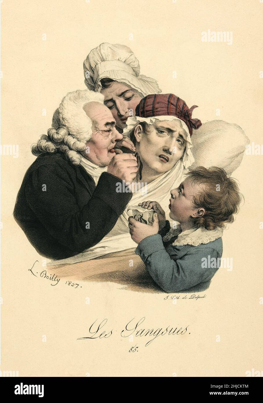 Médecin administrant des sangsues à un patient.Une femme pâle est soutenue par un compagnon car le médecin applique soigneusement des sangsues à son cou.Un jeune garçon se tient au premier plan et tient un récipient en verre de sangsues.Par Louis Boillyafter, 1827. Banque D'Images