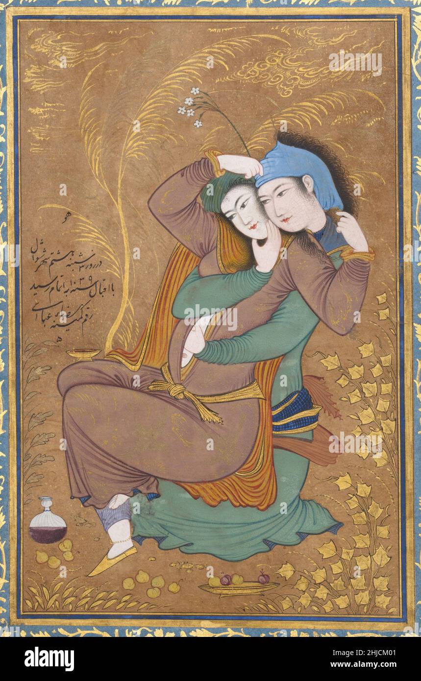 Les amoureux.Peinture de l'artiste perse Riza-yi `Abbasi ca.1565‚Äì1635 aquarelle opaque, encre et or sur papier. Daté A.H. 1039/ A.D. 1630. Banque D'Images