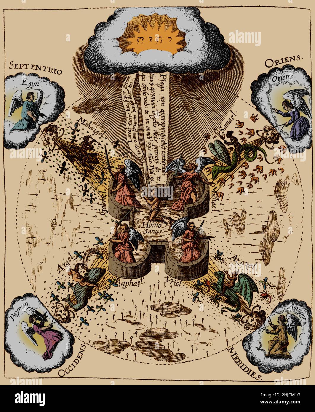 Système de santé par le médecin anglais, astrologue et mystique Robert Fludd (1574-1637). Cette gravure représente un homme sain (centre) entouré d'archanges dans la forteresse du corps. Les fléaux sont envoyés à partir de figures démoniaques des quatre coins du monde: Du nord vient la mélancolie, de l'est vient la maladie du phlégme, du sud vient les maladies de la sanguine et du choleric ouest. L'homme est habilité à défendre contre la maladie par le divin (en haut). Cette gravure vient de Medicina Catholica par Robert Fludd, 1631. Banque D'Images