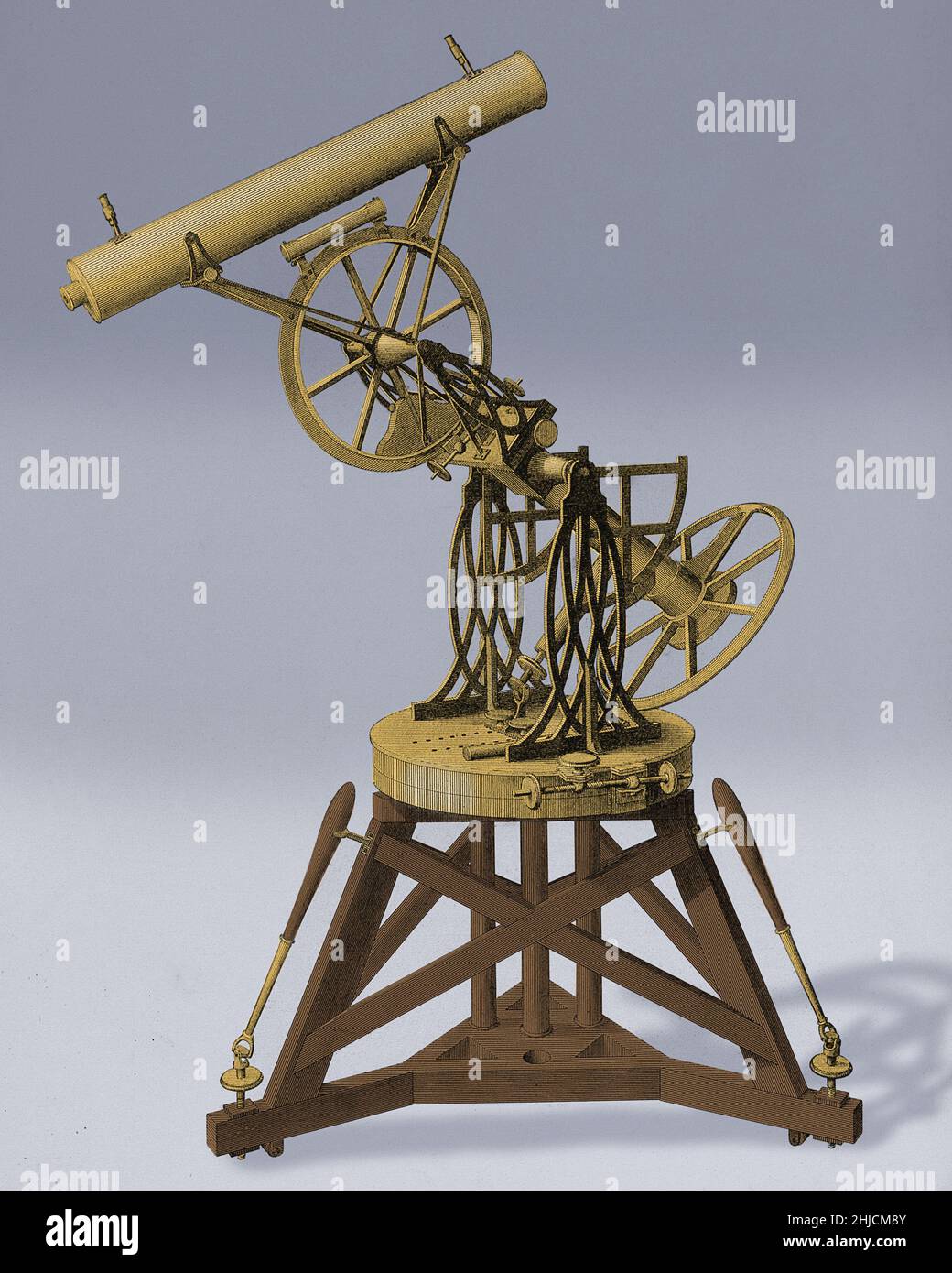 Troughton équatoriale. Ce télescope et ce support ont été fabriqués par le fabricant britannique d'instruments Edward Troughton (1753-1835). Cette œuvre est tirée de « une introduction à l'astronomie pratique », publiée par