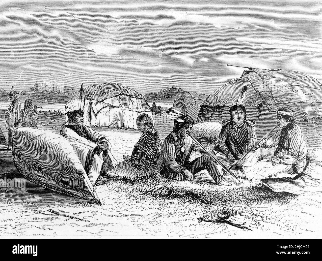 Les autochtones américains dans un camp avec des wigams d'écorce de bouleau et du canoë.Gravure en bois de Harper's Weekly, le 5 août 1871. Banque D'Images