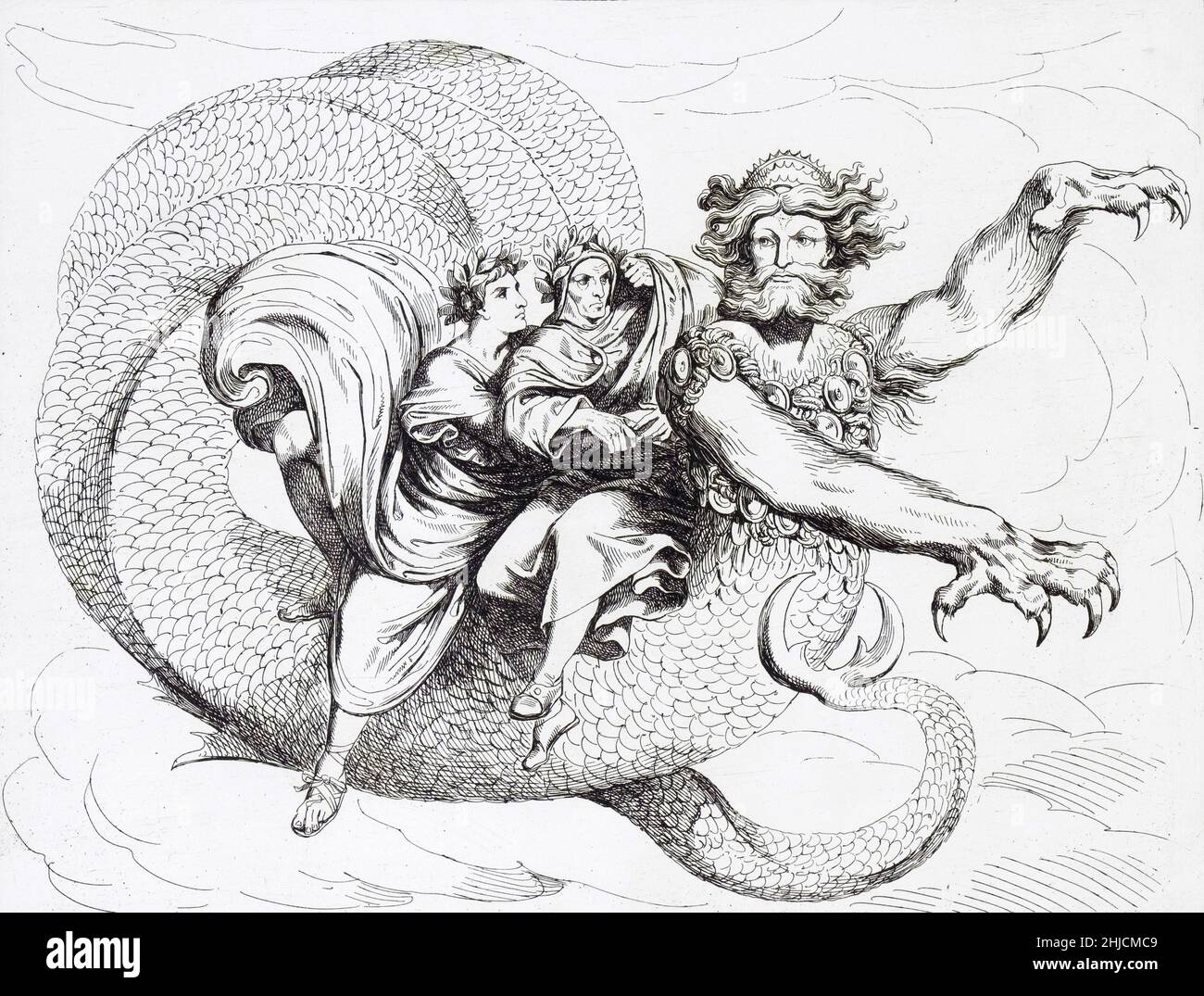 Virgile et Dante assis à l'arrière de Geryon, transporté du 8th au 7th cercle de l'Enfer dans la Divine Comédie de Dante.Illustration de 1825 par Bartolomeo Pinelli. Banque D'Images