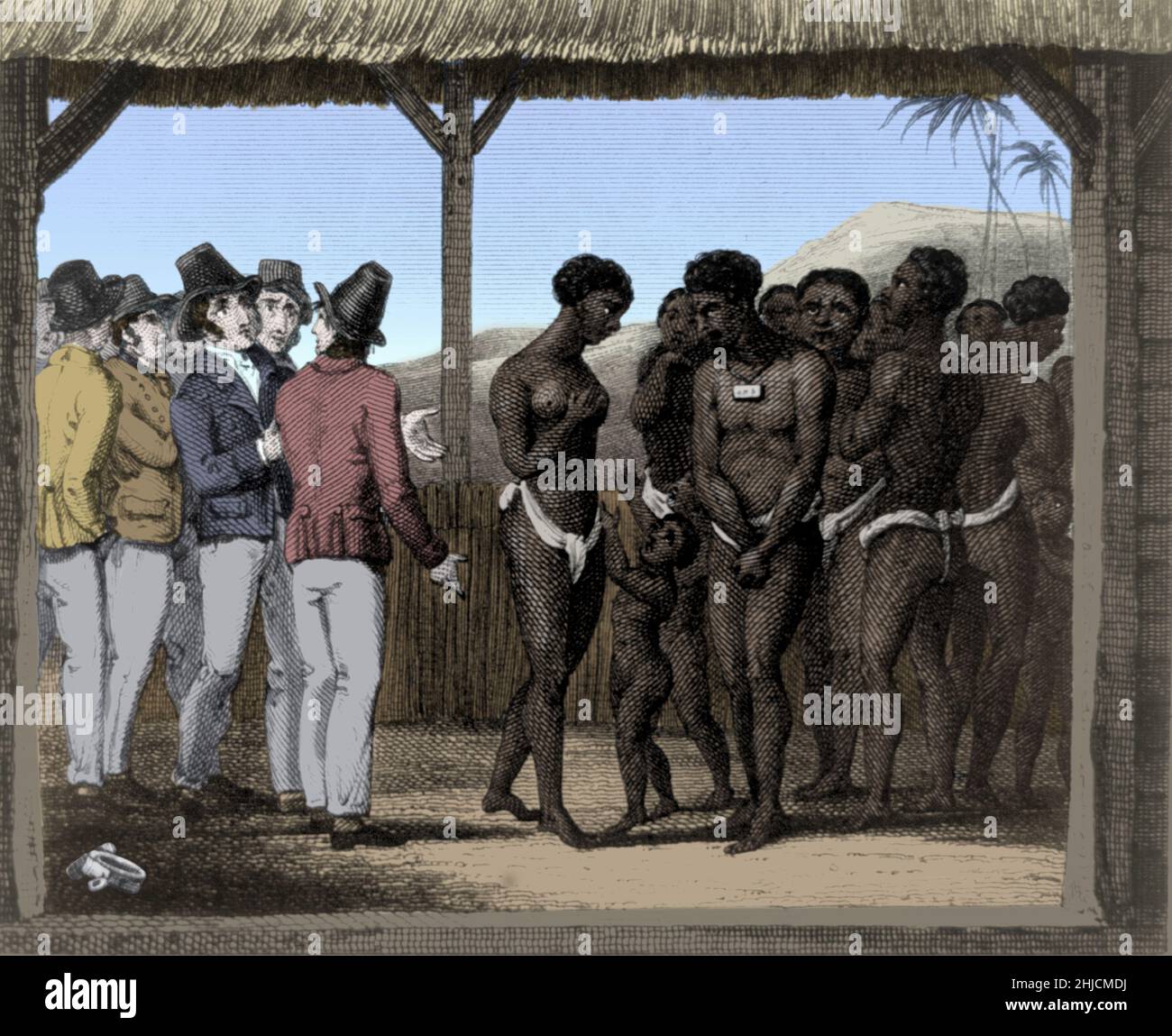 Esclaves exposés à la vente.Le commerce des esclaves de l'Atlantique a impliqué le transport par des négociants d'esclaves de populations africaines, principalement vers les Amériques.La grande majorité de ceux qui ont été asservis et transportés dans le commerce transatlantique des esclaves étaient des Africains d'Afrique centrale et occidentale, qui avaient été vendus par d'autres Africains de l'Ouest aux négociants d'esclaves d'Europe occidentale, qui les ont amenés aux Amériques.Les économies de l'Atlantique Sud et des Caraïbes dépendent en particulier de l'offre de main-d'œuvre sûre pour la production de cultures de base, la fabrication de biens et de vêtements à vendre en Europe.Aucun artiste crédité Banque D'Images