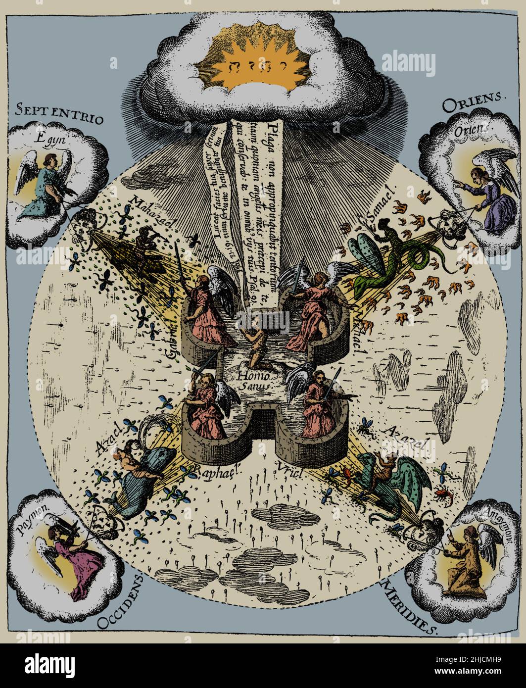 Système de santé par le médecin anglais, astrologue et mystique Robert Fludd (1574-1637). Cette gravure représente un homme sain (centre) entouré d'archanges dans la forteresse du corps. Les fléaux sont envoyés à partir de figures démoniaques des quatre coins du monde: Du nord vient la mélancolie, de l'est vient la maladie du phlégme, du sud vient les maladies de la sanguine et du choleric ouest. L'homme est habilité à défendre contre la maladie par le divin (en haut). Cette gravure vient de Medicina Catholica par Robert Fludd, 1631. Banque D'Images