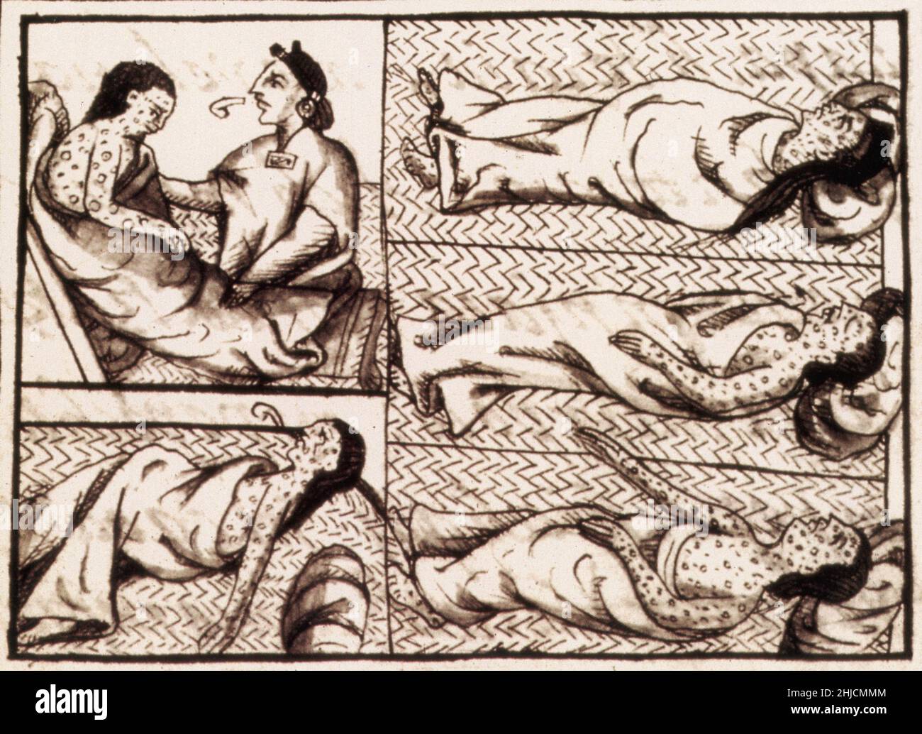 Illustration d'Aztèques mourant de la variole.Les conquistadors espagnols d'Hernan Cortes (1485-1547) ont apporté en Amérique centrale des maladies européennes qui se sont avérées bien plus mortelles pour les populations autochtones que les armes étrangères.Ici, le Codex florentin (compilé 1540-1585) montre les Aztèques mourant de la variole, contre laquelle ils n'avaient aucune défense.Le Codex florentin comprend douze livres compilés à la fin du 16th siècle par les Espagnols conquêtes et remplis de copies de matériel original d'enregistrement de conversations avec les peuples autochtones.Il est plein d'illustrations. Banque D'Images