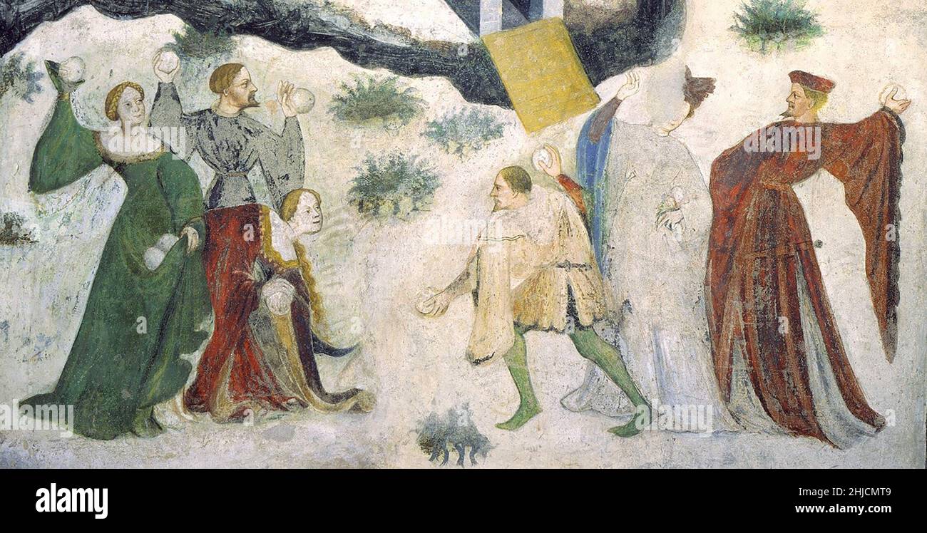 Détail d'un combat de boules de neige dans une fresque médiévale (c.1400) de 'janvier', d'une série de fresques représentant le cycle des mois dans la Torre dell'Aquila (tour de l'aigle) dans le château de Buonconsiglio, Trento, Italie. Banque D'Images