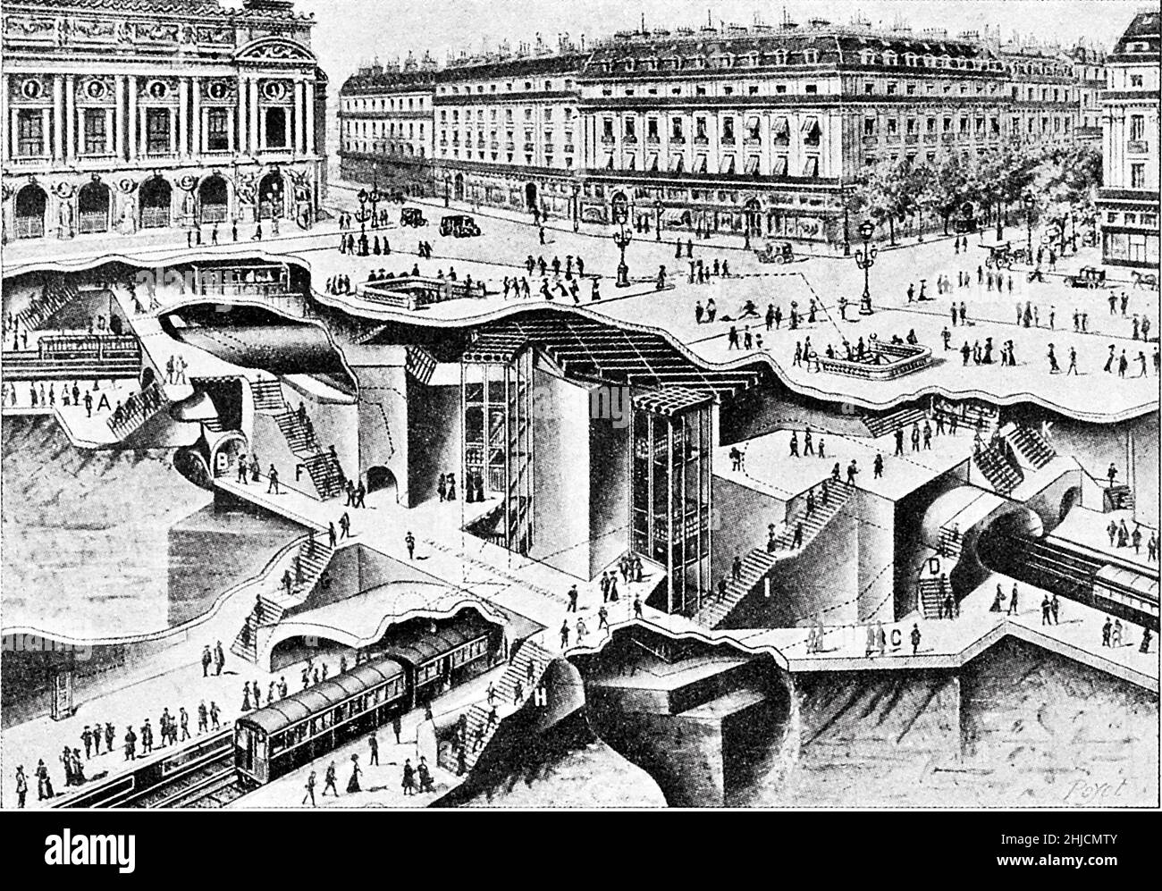 Illustration en coupe montrant la station Op√ éra du métro de Paris en 1913, construite par l'architecte Charles Garnier et desservant le quartier du boulevard Haussmann. Banque D'Images