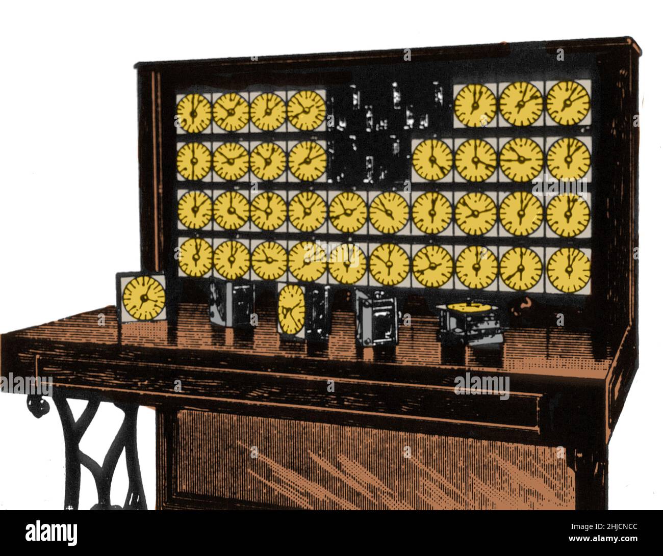 La machine de tabulation était un dispositif électrique conçu pour aider à résumer les informations. Inventée par Herman Hollerith, la machine a été développée pour aider à traiter les données du recensement américain de 1890. Les cartes étaient codées pour l'âge, l'état de résidence, le sexe et d'autres informations; les commis ont perforé des trous dans les cartes pour saisir des informations à partir des retours.le tabulateur avait 40 compteurs, chacun avec un cadran divisé en 100 divisions, avec deux mains indicatrices; l'une d'elles a étagé une unité avec chaque impulsion de comptage, l'autre qui a avancé une unité chaque fois que l'autre cadran a fait un tour complet. Cet arran Banque D'Images