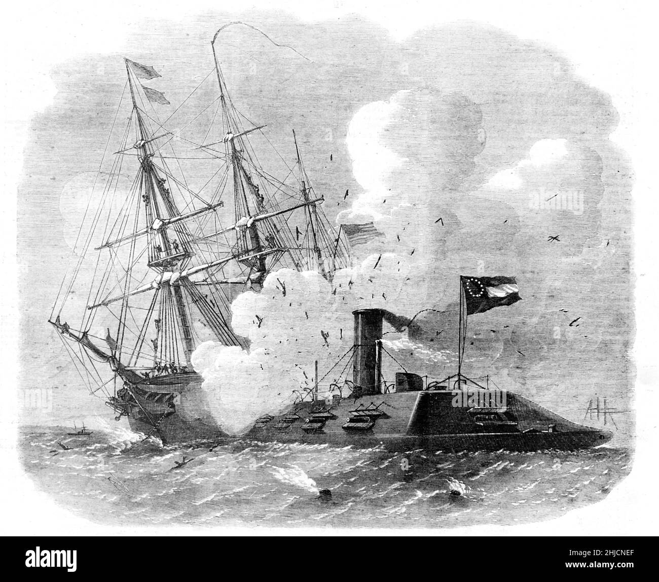 Le vapeur confédéré en fer plaqué Merrimac (ou Virginie) qui s'inpresse dans la boucle fédérale de Cumberland.Thomas Nast (1840-1902), illustrateur.The Illustrated London News, 5th avril 1862. Banque D'Images
