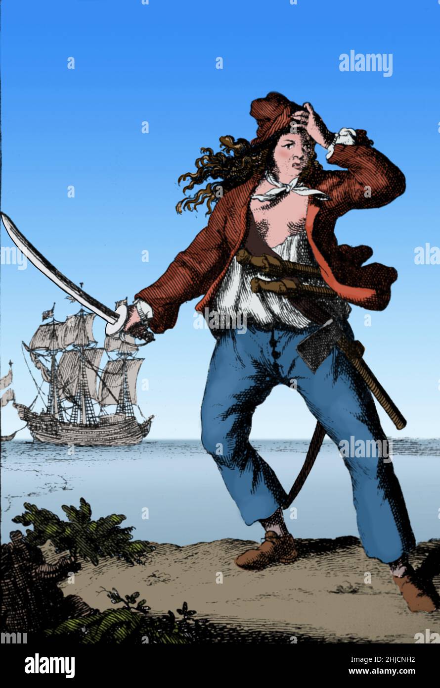 Mary Read AKA Mark Read (1685 - 1721) était un pirate anglais.Elle a commencé à s'habiller comme un garçon par sa mère afin de recevoir de l'argent d'héritage et ensuite de rejoindre l'armée britannique.En 1720, elle rencontre Jack Rackham et rejoint son équipage, s'habillant comme un homme aux côtés d'Anne Bonny.Rackham et son équipage ont été arrêtés.Bonny et Read étaient enceintes et ont reçu des peines différées, mais Read est mort d'une fièvre.Howard Pyle's Book of Pirates, 1921 (culture et nettoyage). Banque D'Images