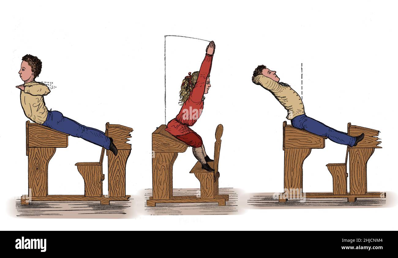 Les écoliers font de la gymnastique à leur bureau.La gymnastique est un sport pratiqué par les hommes et les femmes qui exige l'équilibre, la force, la flexibilité, l'agilité, la coordination,endurance et contrôle.Les mouvements impliqués dans la gymnastique contribuent au développement des bras, des jambes, des épaules, du dos, de la poitrine et des groupes musculaires abdominaux.La vigilance, la précision, l'audace, la confiance en soi et la discipline sont des traits mentaux qui peuvent également être développés par la gymnastique.Colorisé. Banque D'Images