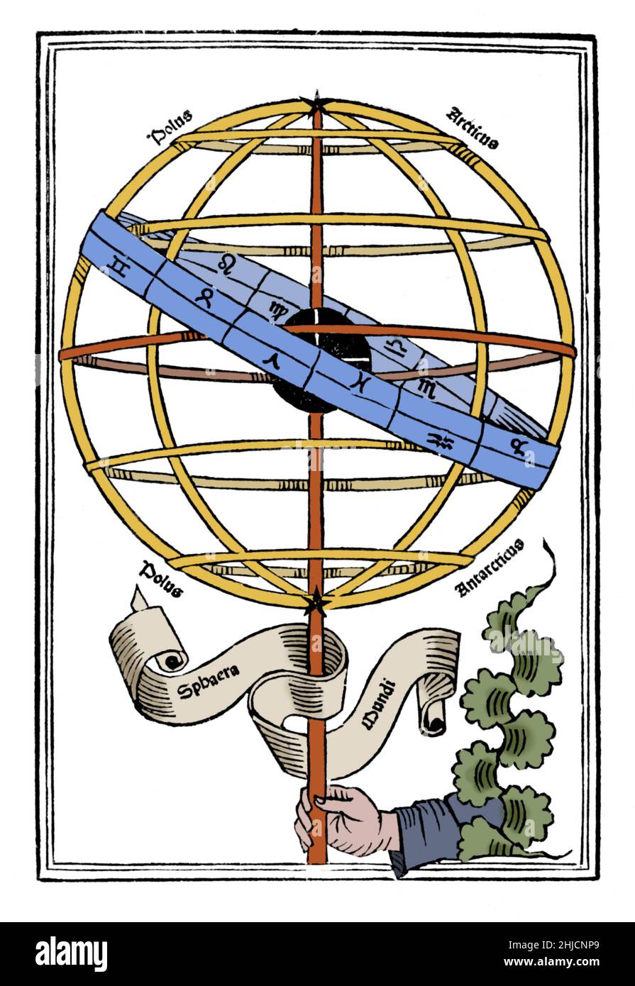 De sphaera mundi est une introduction médiévale aux éléments de base de l'astronomie écrit par Johannes de Sacrobosco, vers 1230.Johannes de Sacrobosco (1195 - 1256) était un érudit, moine et astronome.Il a écrit un essai sur le système numérique hindou-arabe qui est devenu l'introduction la plus largement lue à ce sujet dans les siècles médiévaux ultérieurs.Dans de Anni ratione, son livre le plus long et le plus original, Sacrobosco décrit correctement les défauts du calendrier Julien alors utilisé, et, trois siècles avant sa mise en œuvre, a recommandé une solution semblable au calendrier grégorien moderne. Banque D'Images