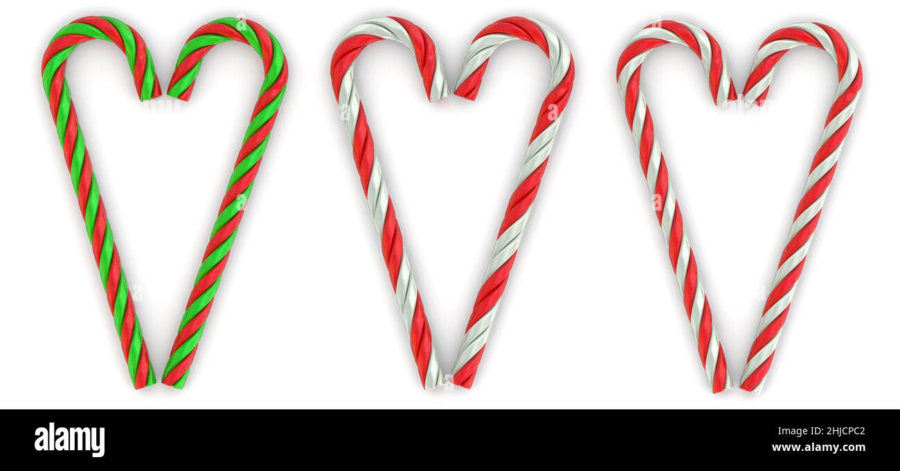 Ensemble de cannes de Noël pliées en forme de coeur sur une surface blanche.3D illustration Banque D'Images